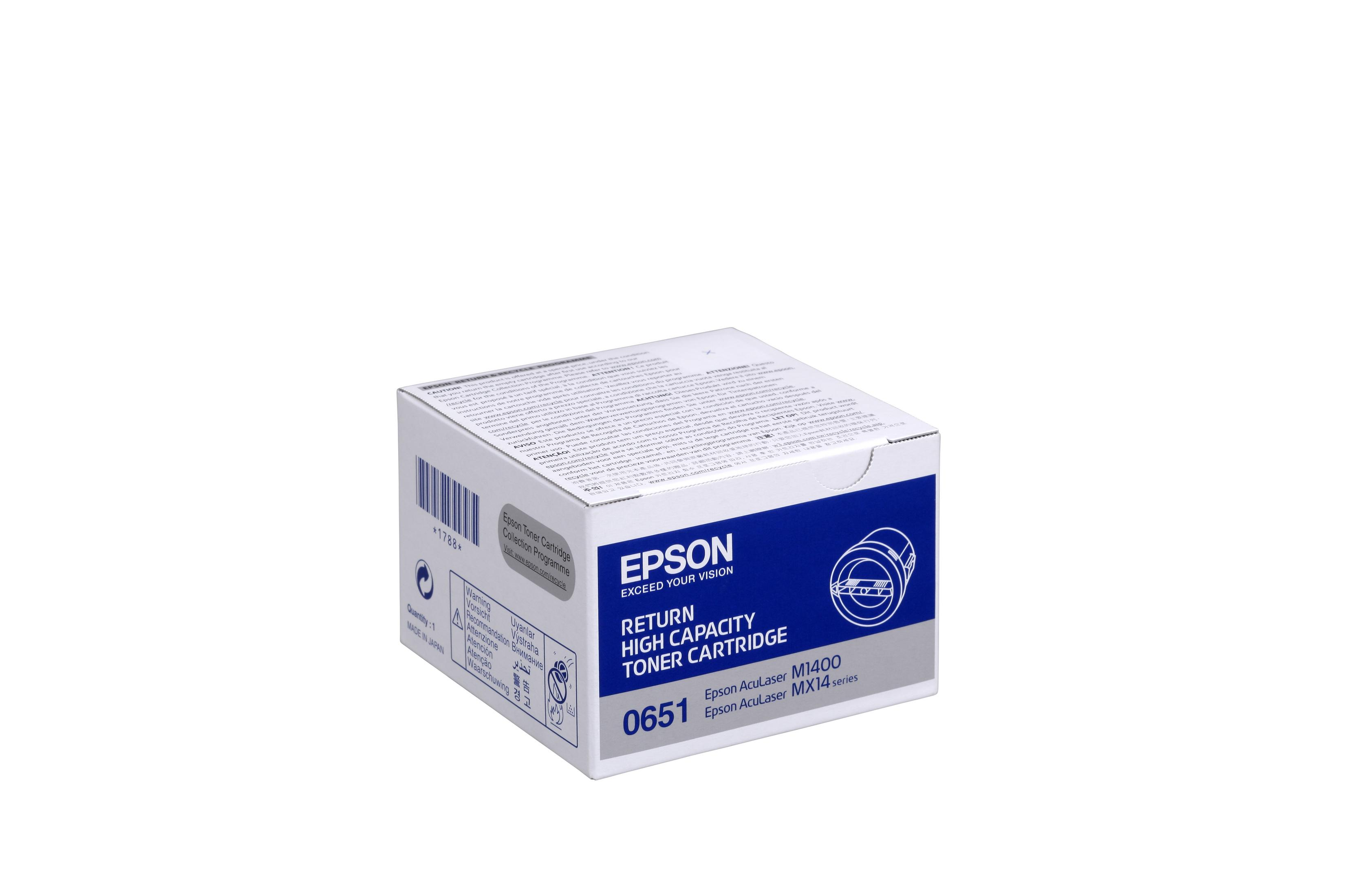 Una scatola di cartucce toner ad alta capacità Epson su sfondo bianco.