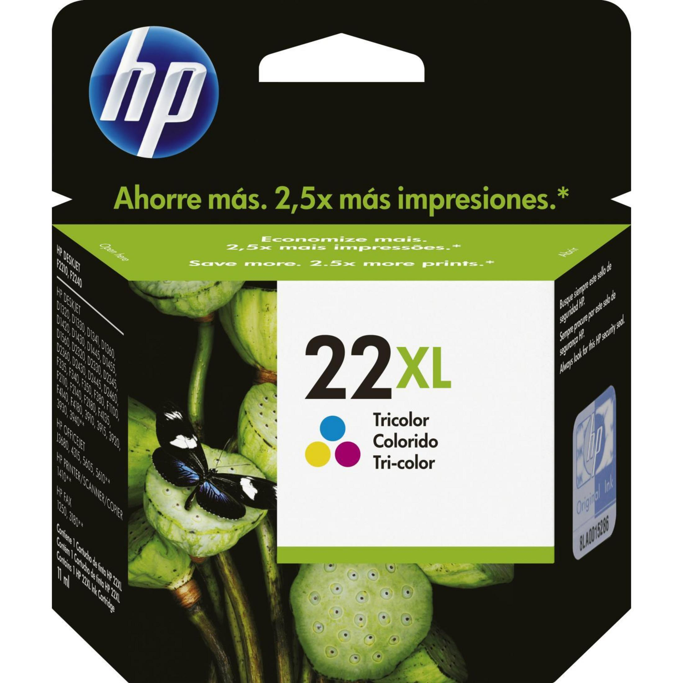HP Tintenpatronenbox mit Text und Bildern. Ein Schmetterling auf einer Lotusblume ist sichtbar.
