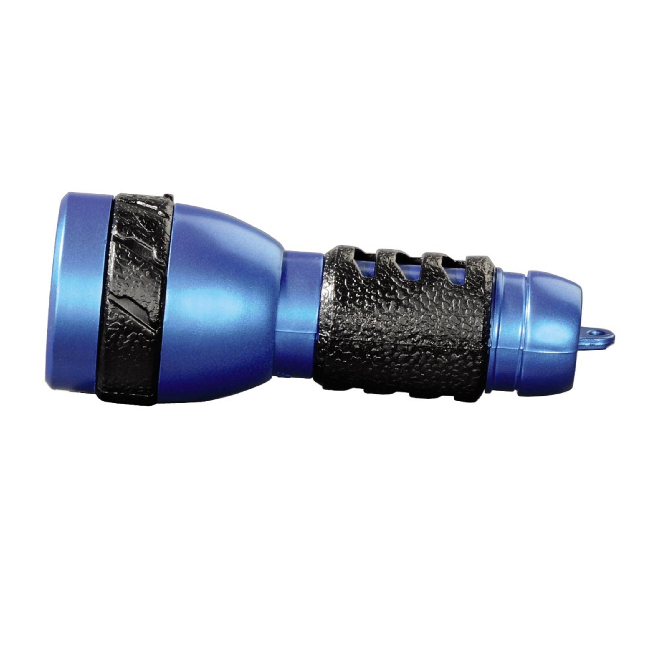 Niebieska latarka z czarnymi uchwytami. Ma zaokrągloną głowicę i pętlę na końcu.