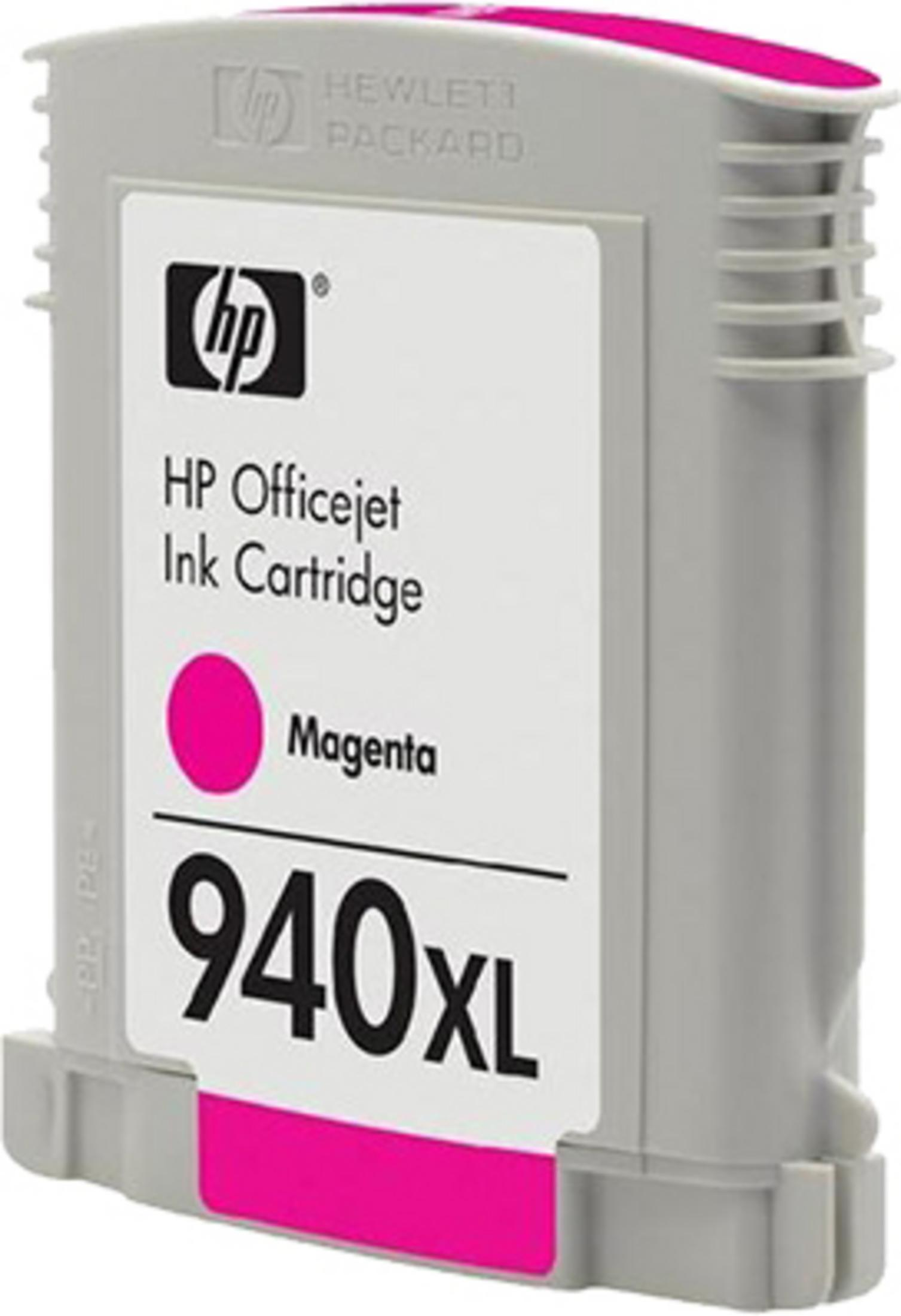 Macenta HP Officejet mürekkep kartuşu. Marka adı ve mürekkep türü bilgilerini içeren ürün etiketi.