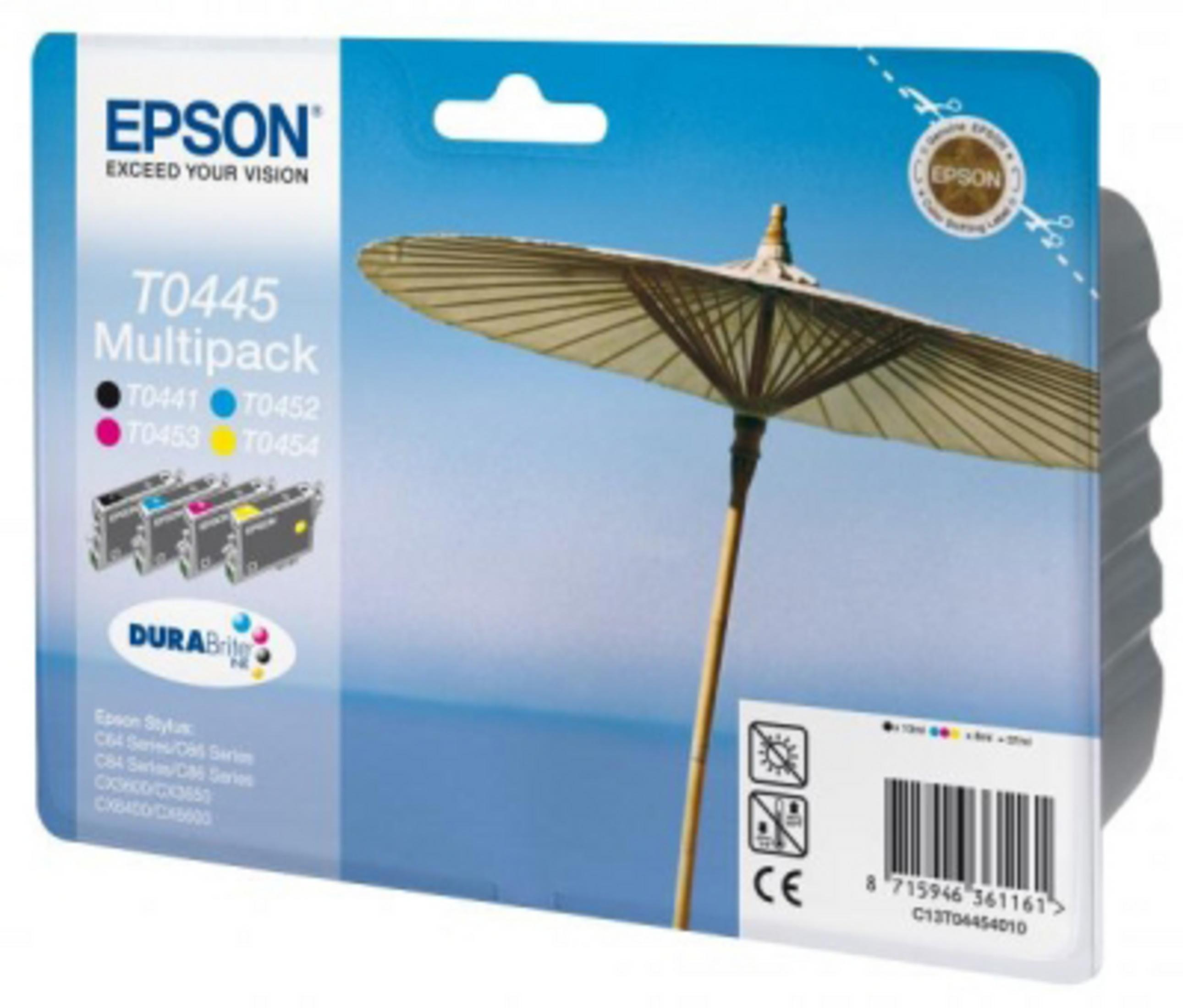 Epson Tintenpatronen-Multipack-Verpackung mit Sonnenschirm-Grafik.