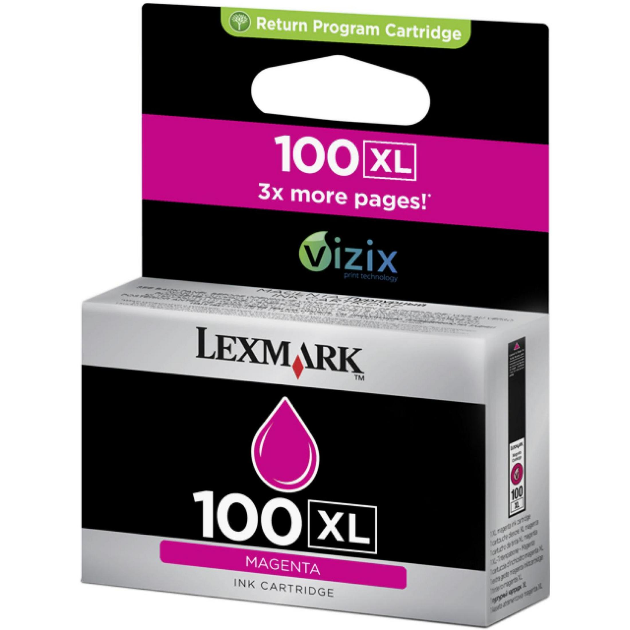 Magentafarbene Tintenpatrone in einer Schachtel. Die Schachtel hat den Text '100 XL' und das Logo 'Lexmark'.