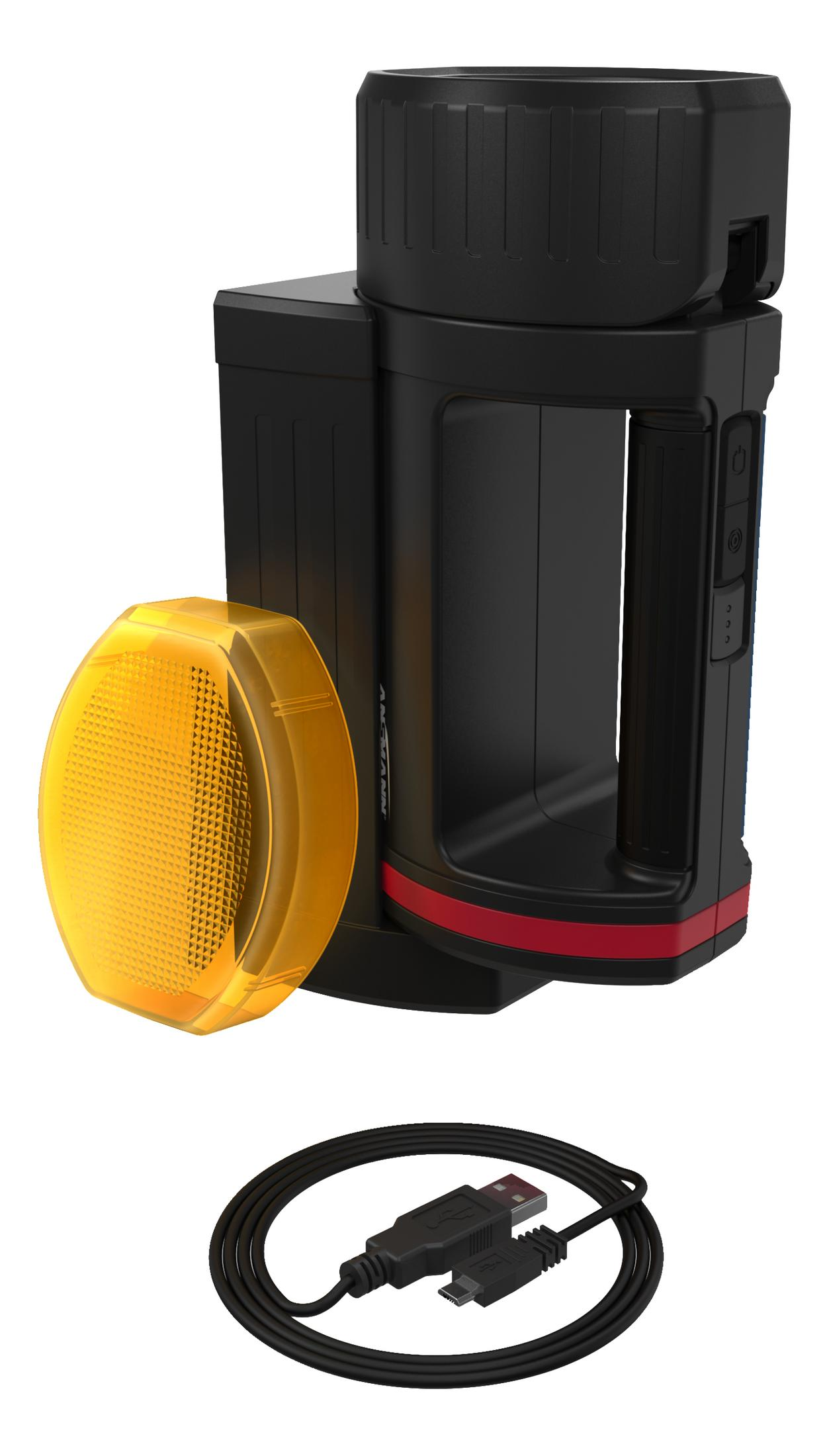 Lampe de poche noire et rouge avec lumière jaune et câble USB noir.