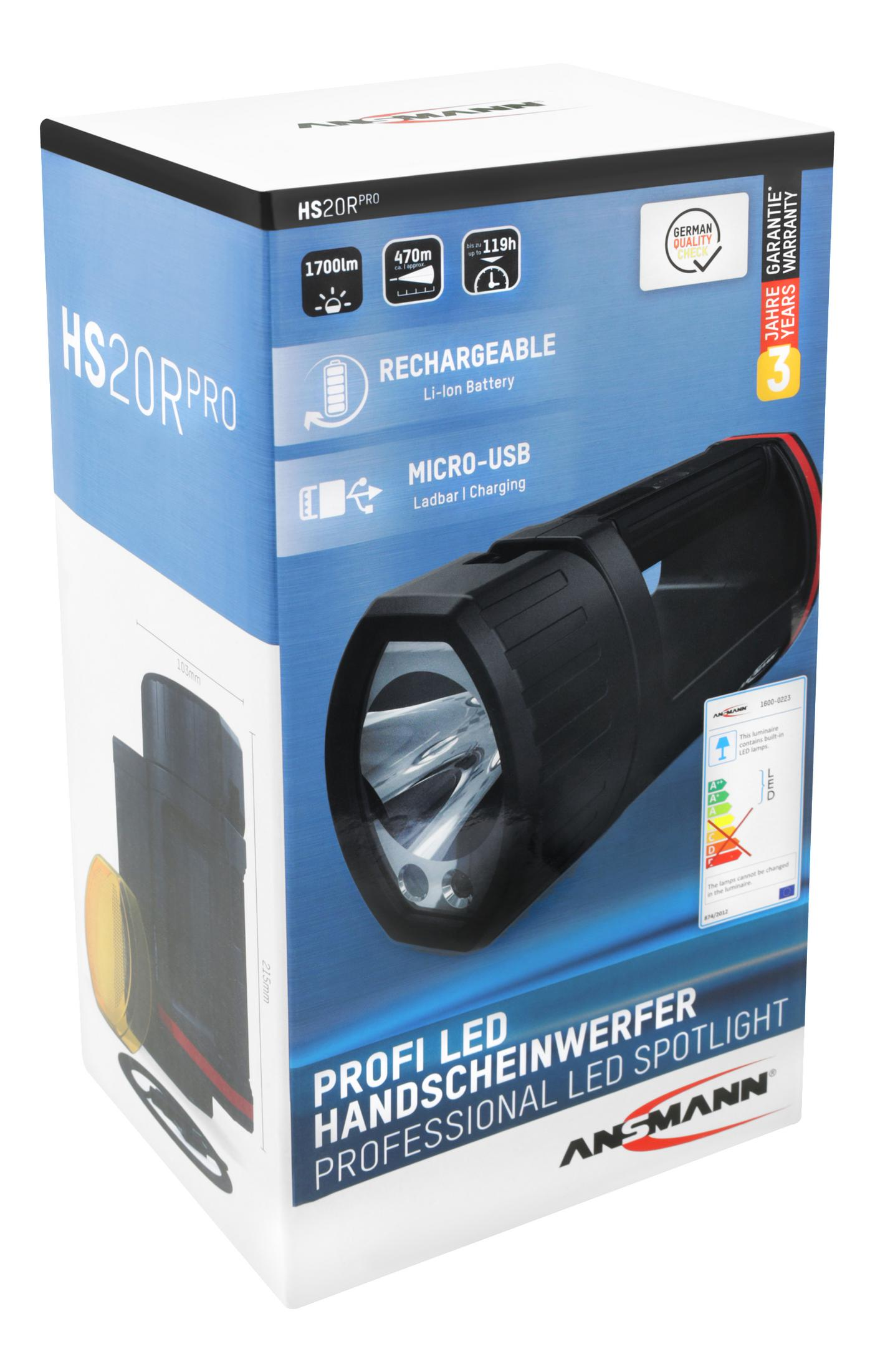 Boîte de lampe de poche Ansmann noire et rouge avec détails du produit, fond blanc.