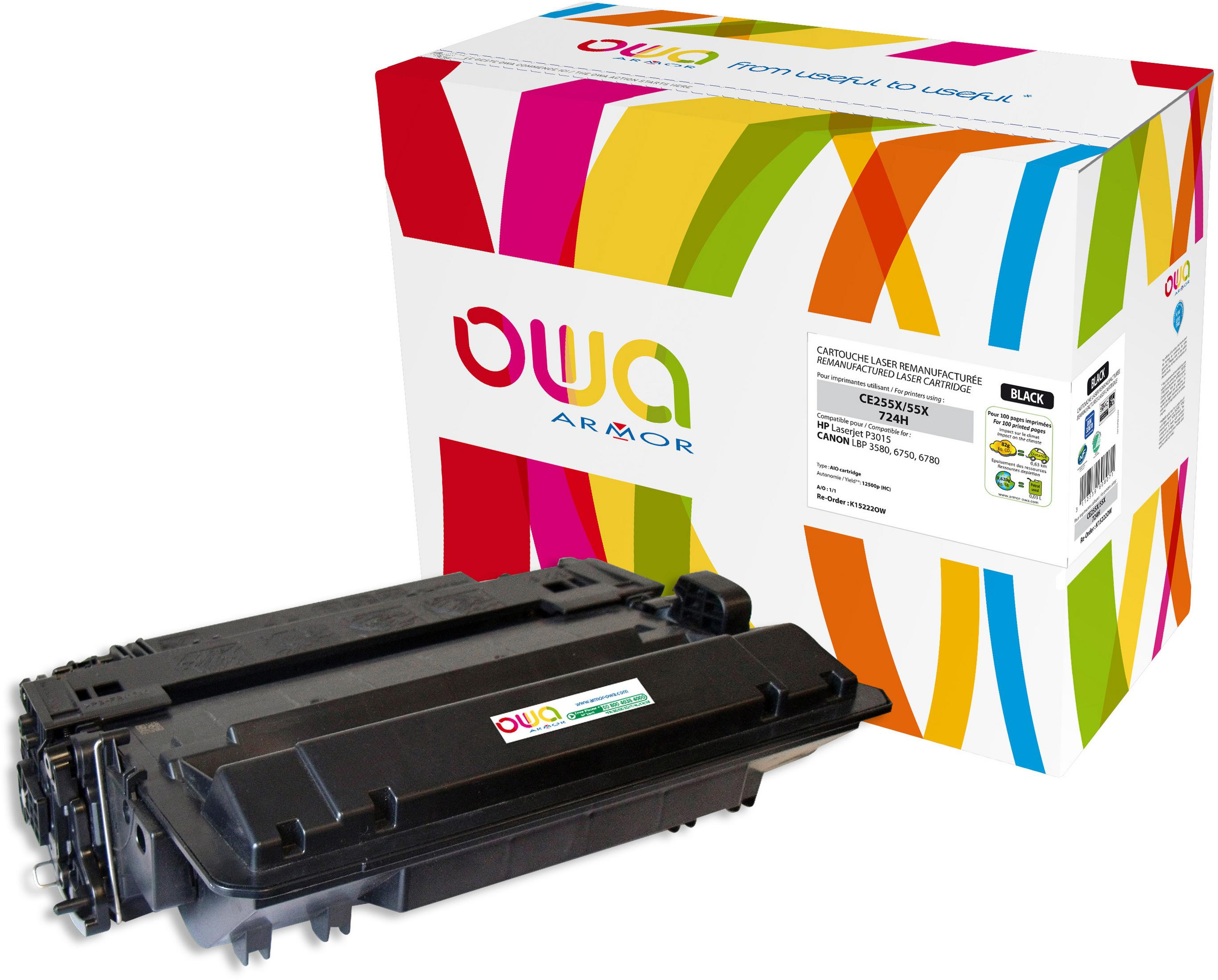 Cartuccia toner laser nera e scatola dal design colorato. Il logo OWA ARMOR è visibile.