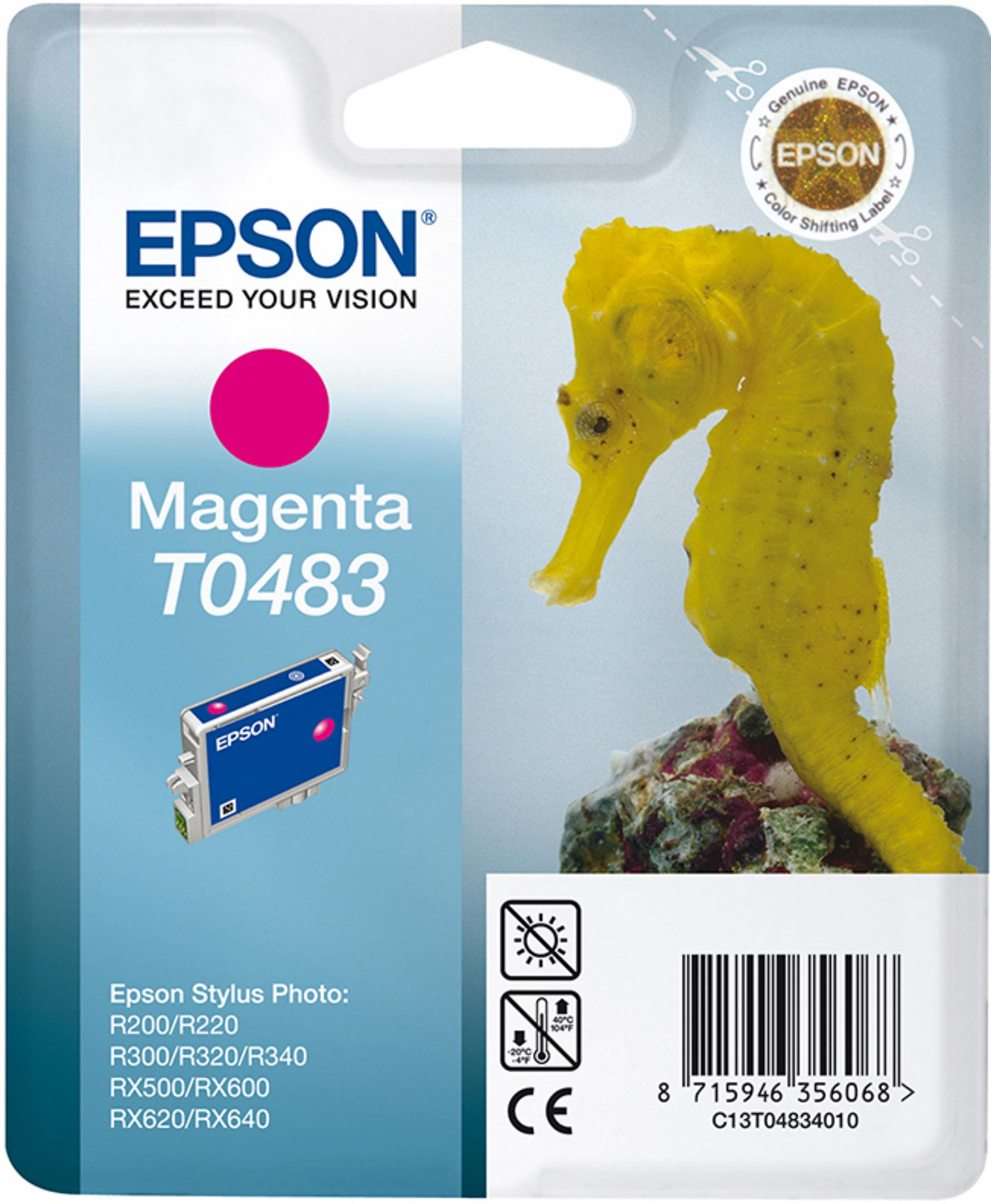 Een Epson magenta inktcartridge in verpakking, met een gele zeepaardafbeelding erop.