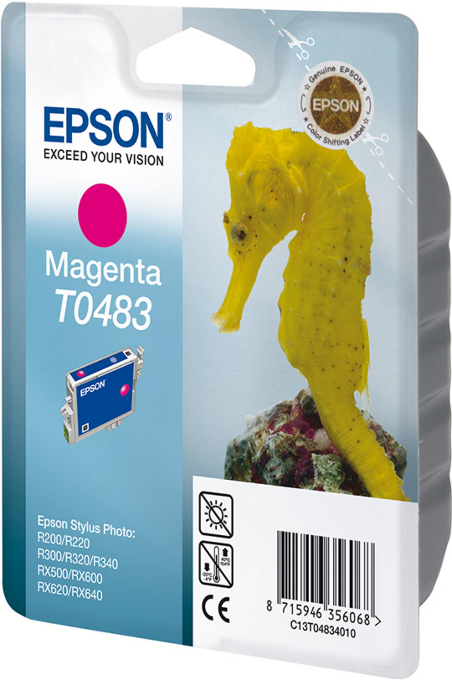Epson Magenta inktcartridge met een zeepaardje op de verpakking.