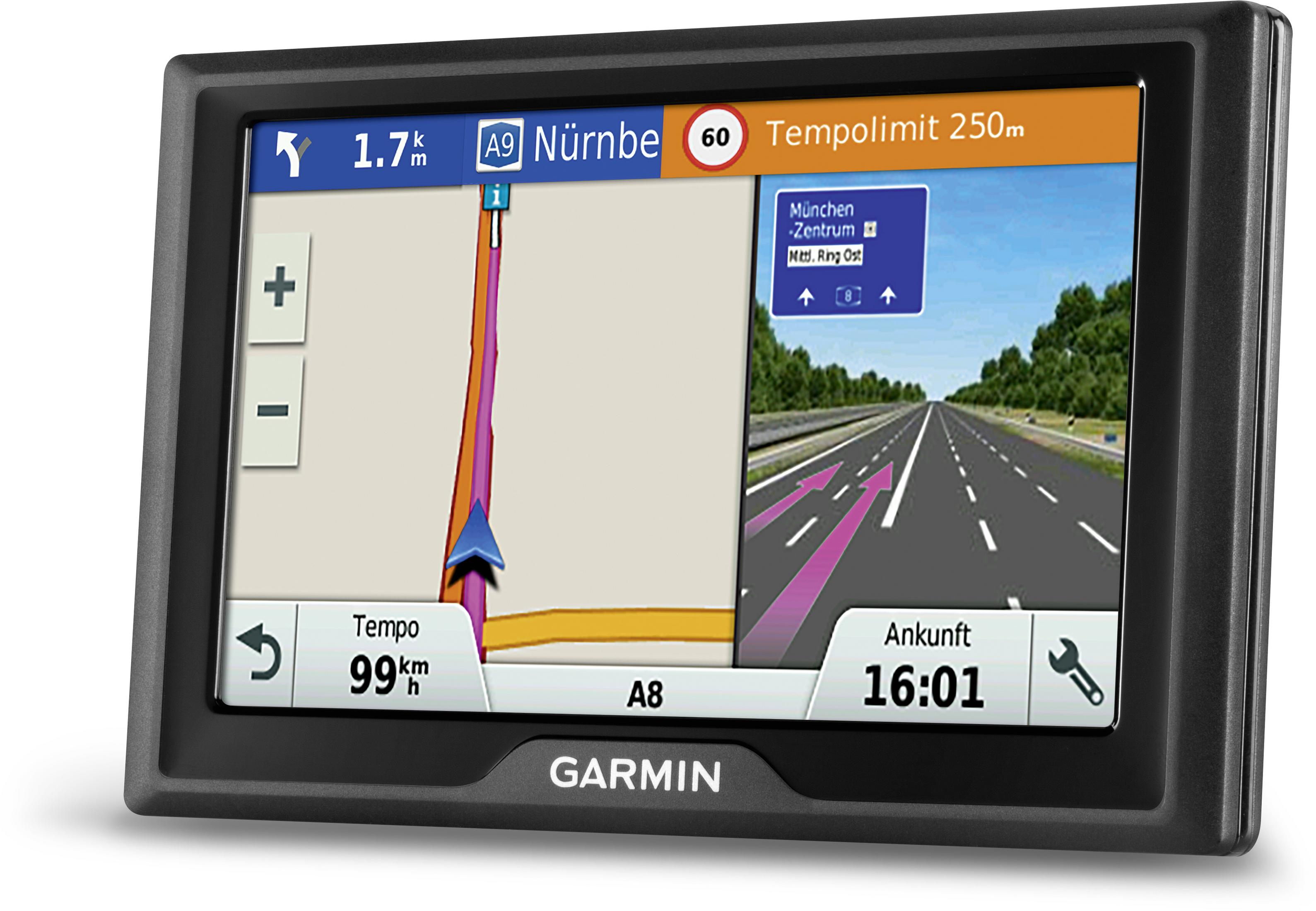 GPS-Gerät zeigt Karte. Autobahn und Route sind pink markiert.