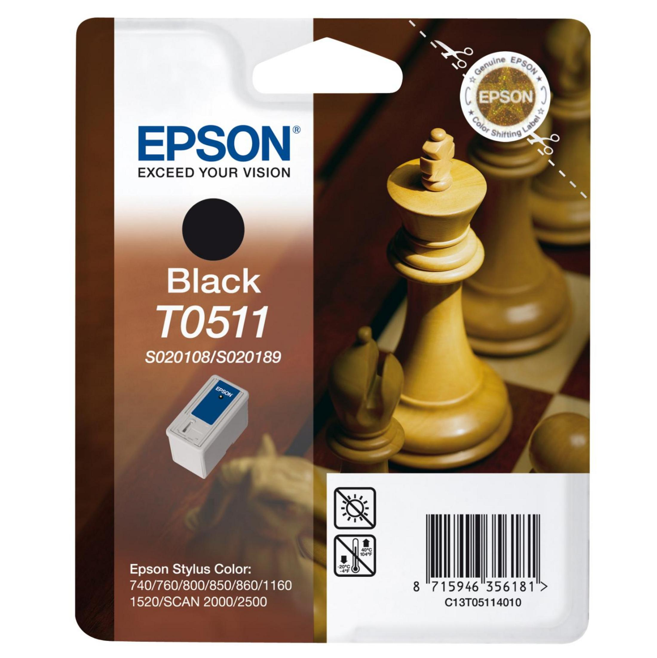 Epson schwarze Tintenpatrone. Schwarzer Kreis und Schachfigurenbild auf der Verpackung. Text: Black T0511.