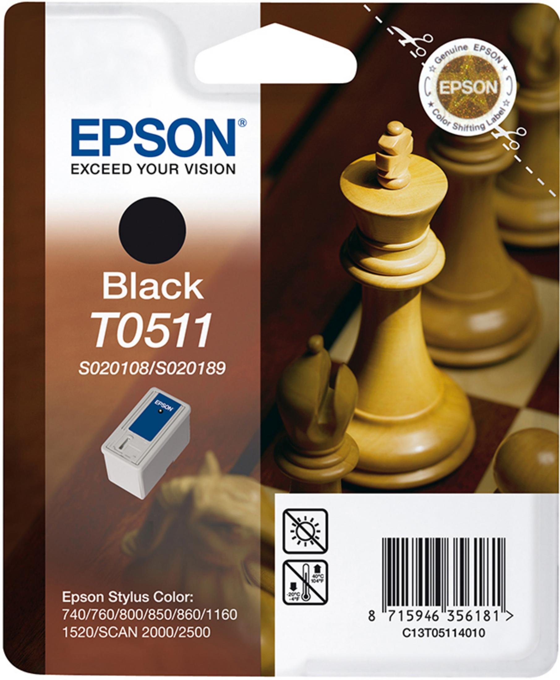 Epson-Tintenpatrone mit Schachfiguren und Schachbrett im Hintergrund.