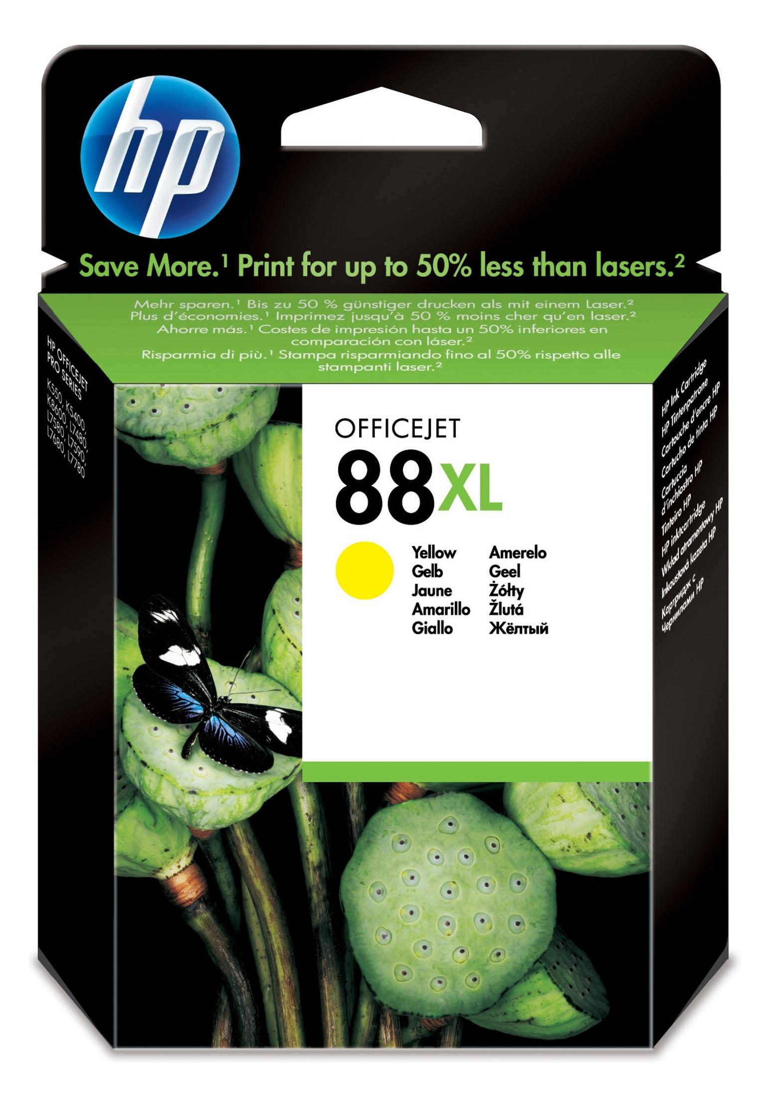 Confezione cartuccia inchiostro HP Officejet 88XL con farfalla e baccelli di semi di loto.