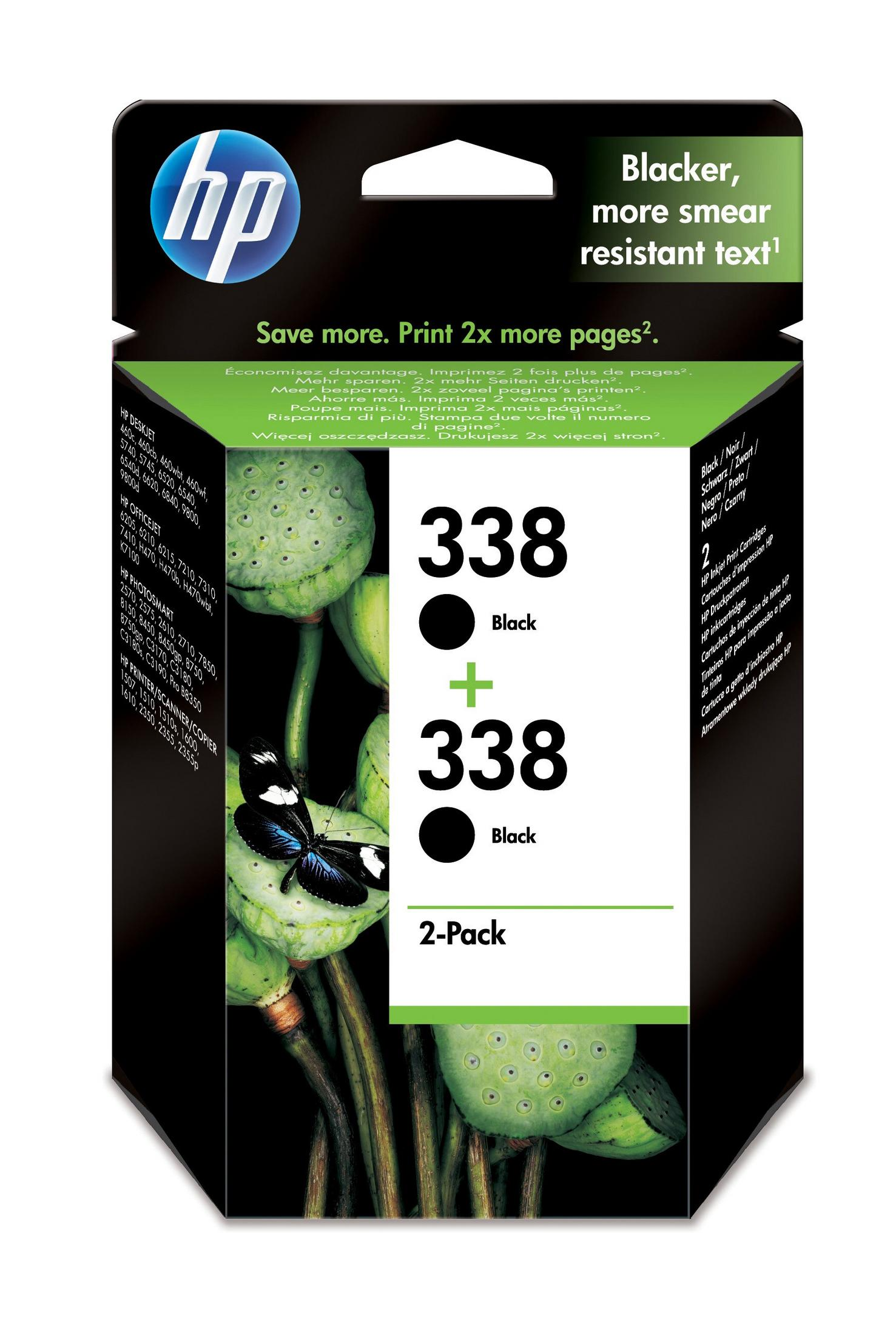 HP Tintenpatronen in Verpackung. Zwei schwarze Patronen mit der Nummer 338.