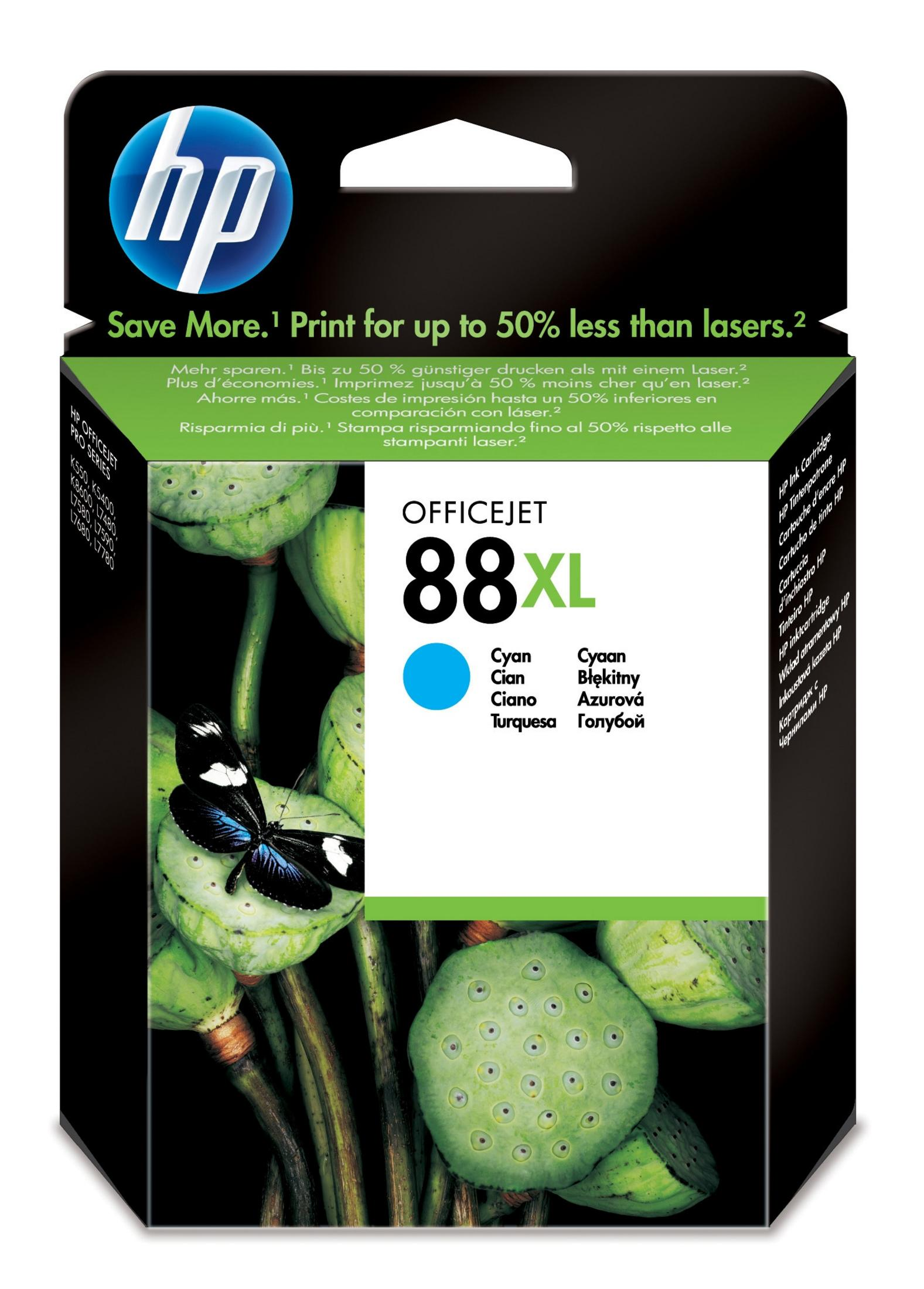 HP Officejet 88XL cyan Tintenpatrone und Box. Grüner Lotus-Pods-Hintergrund.