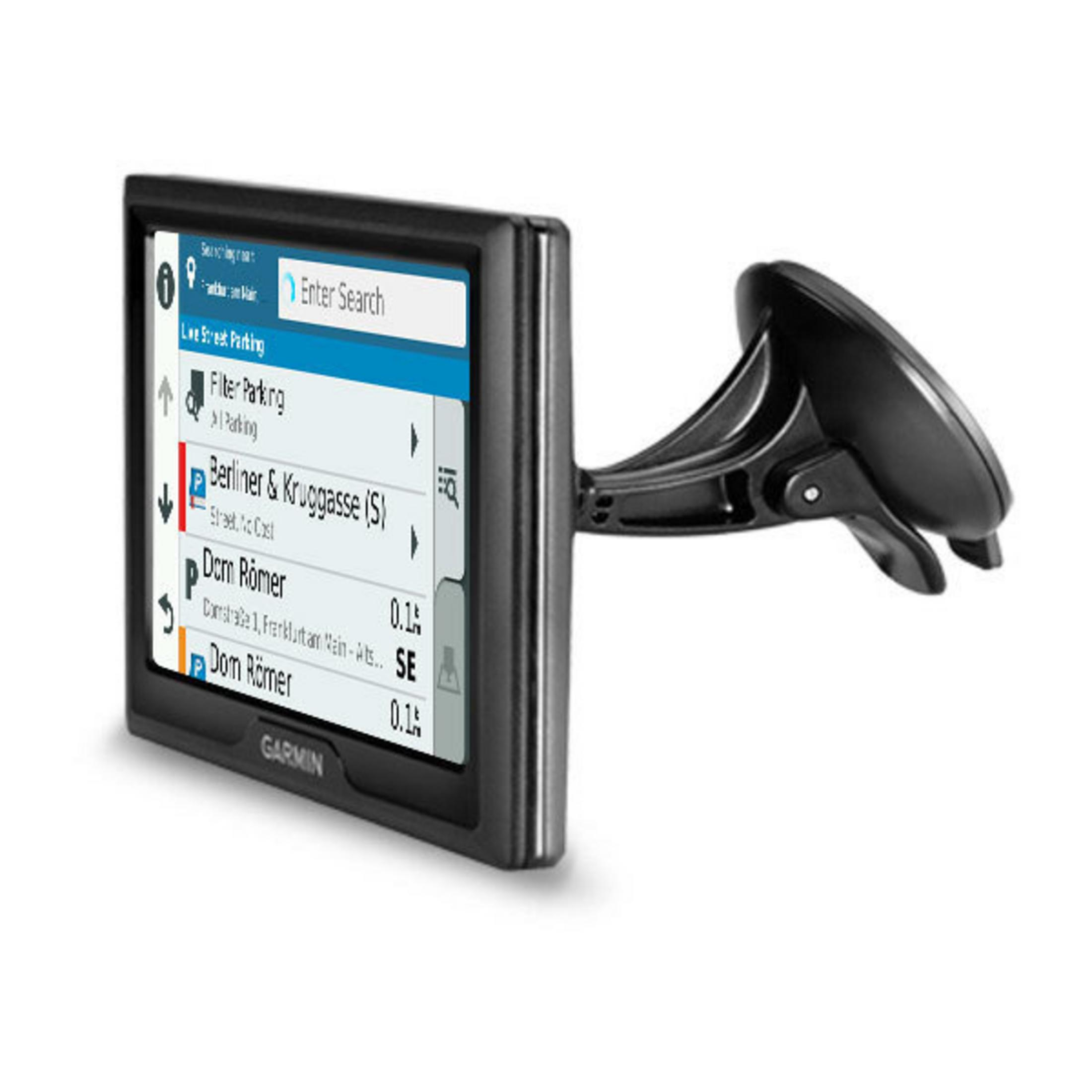 Dispositivo GPS Garmin nero con supporto a ventosa, che mostra un'interfaccia di navigazione.