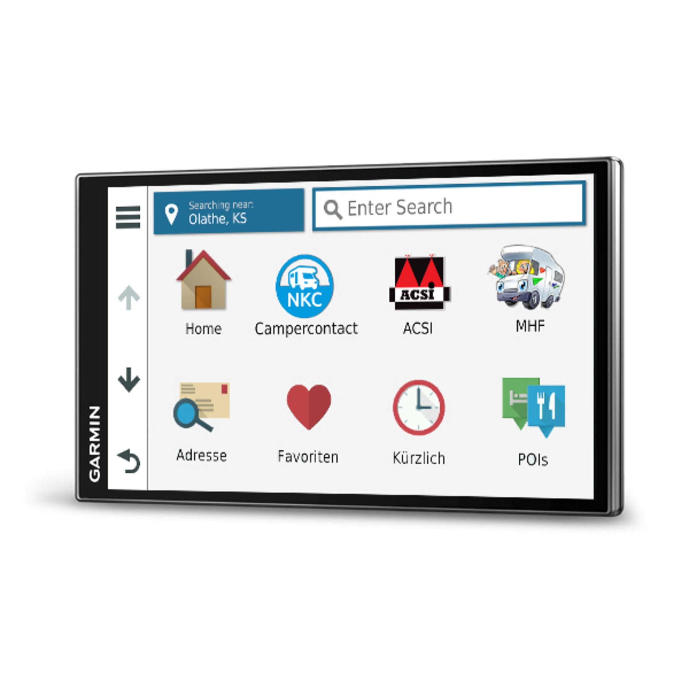 GPS-Gerät-Bildschirm mit Navigation und Symbolen. Touchscreen mit schwarzem Rahmen.