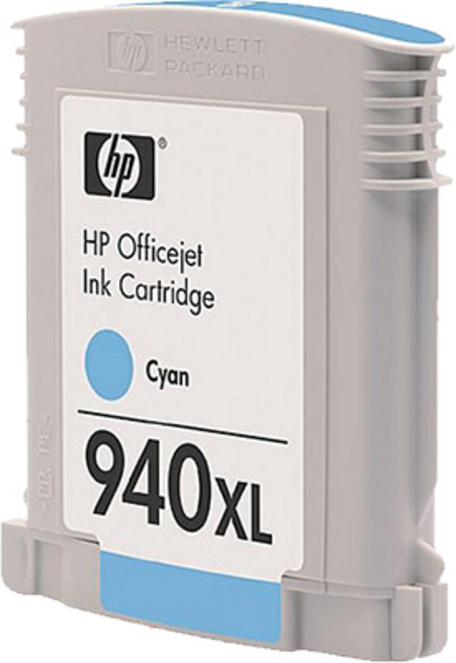Cartuccia inchiostro ciano HP Officejet. Colori grigio chiaro e blu chiaro, logo HP.
