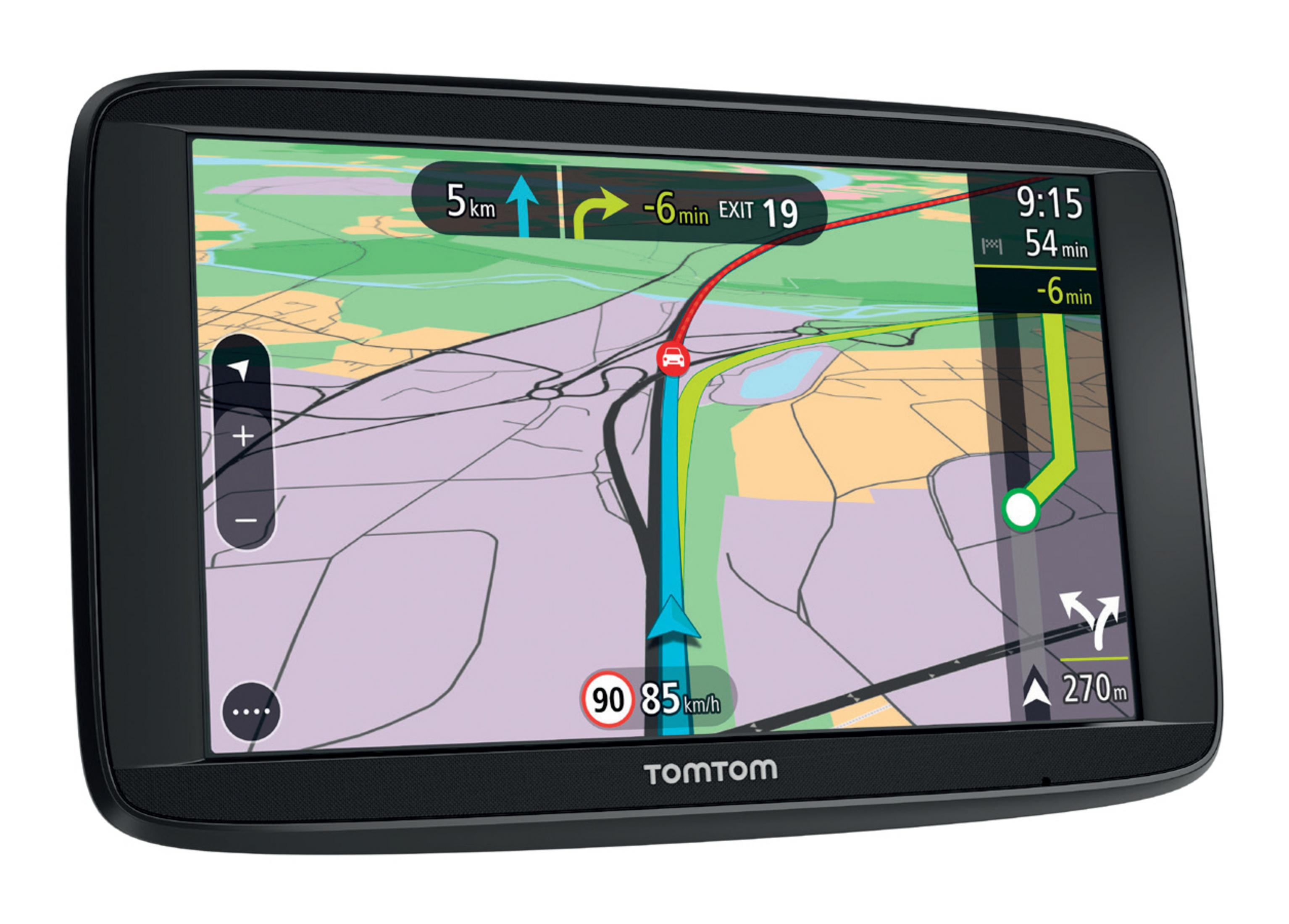 TomTom GPS-Gerät mit Karte, Routenführung, Straßenangaben und Zeitangaben.