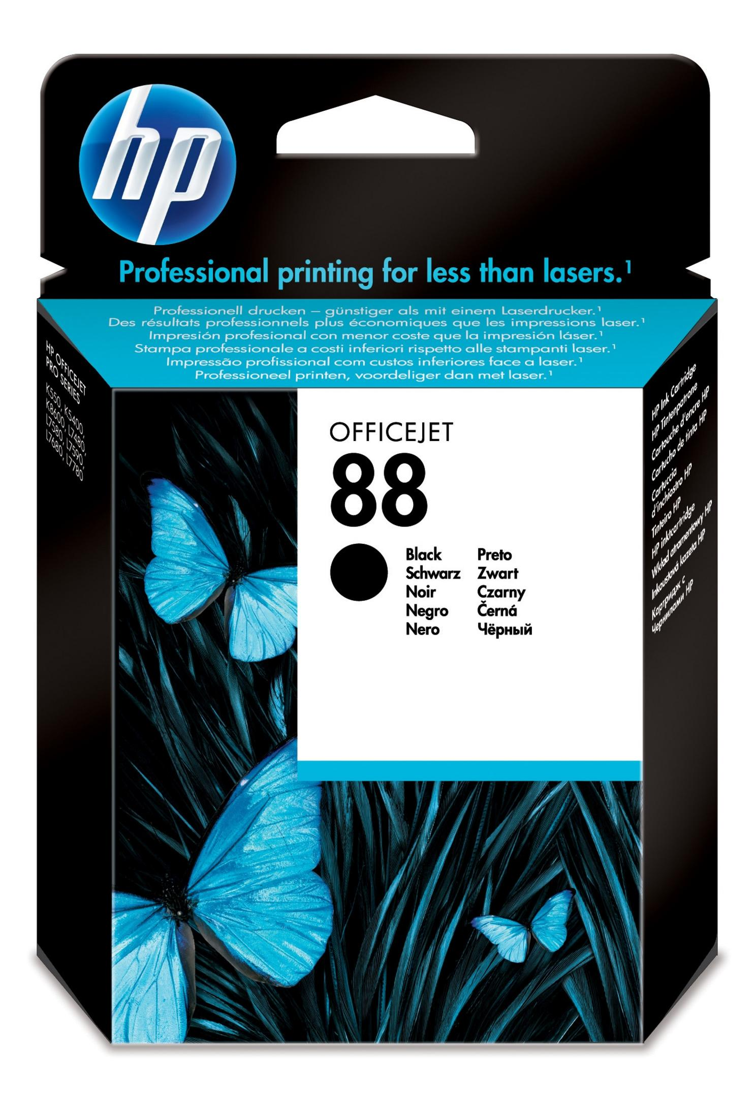 Una scatola di cartucce d'inchiostro HP Officejet 88 con farfalle e testo in più lingue.