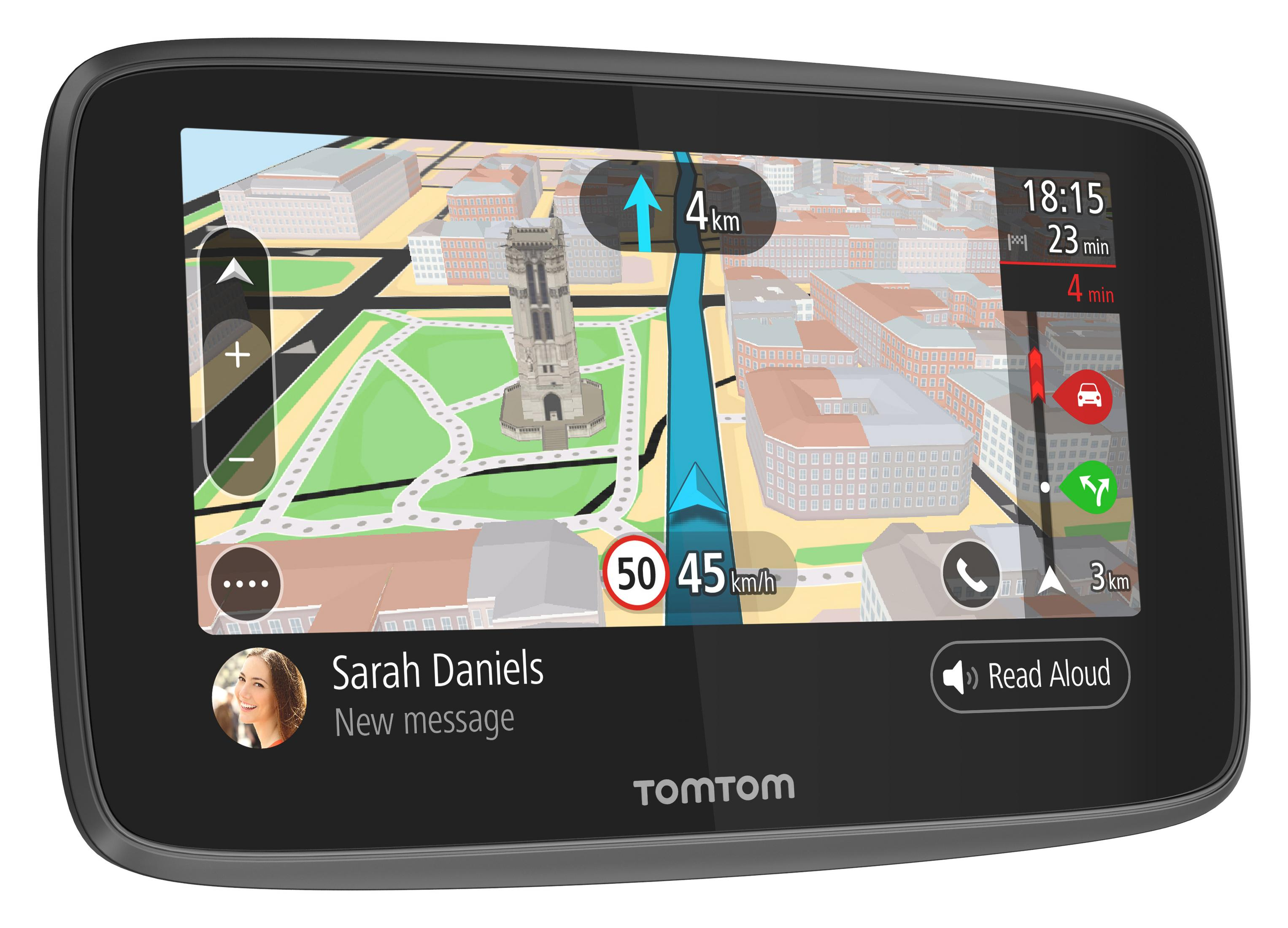 Ein GPS-Navigationsgerät zeigt eine Karte. Es zeigt eine Route mit Geschwindigkeits- und Entfernungsangaben.