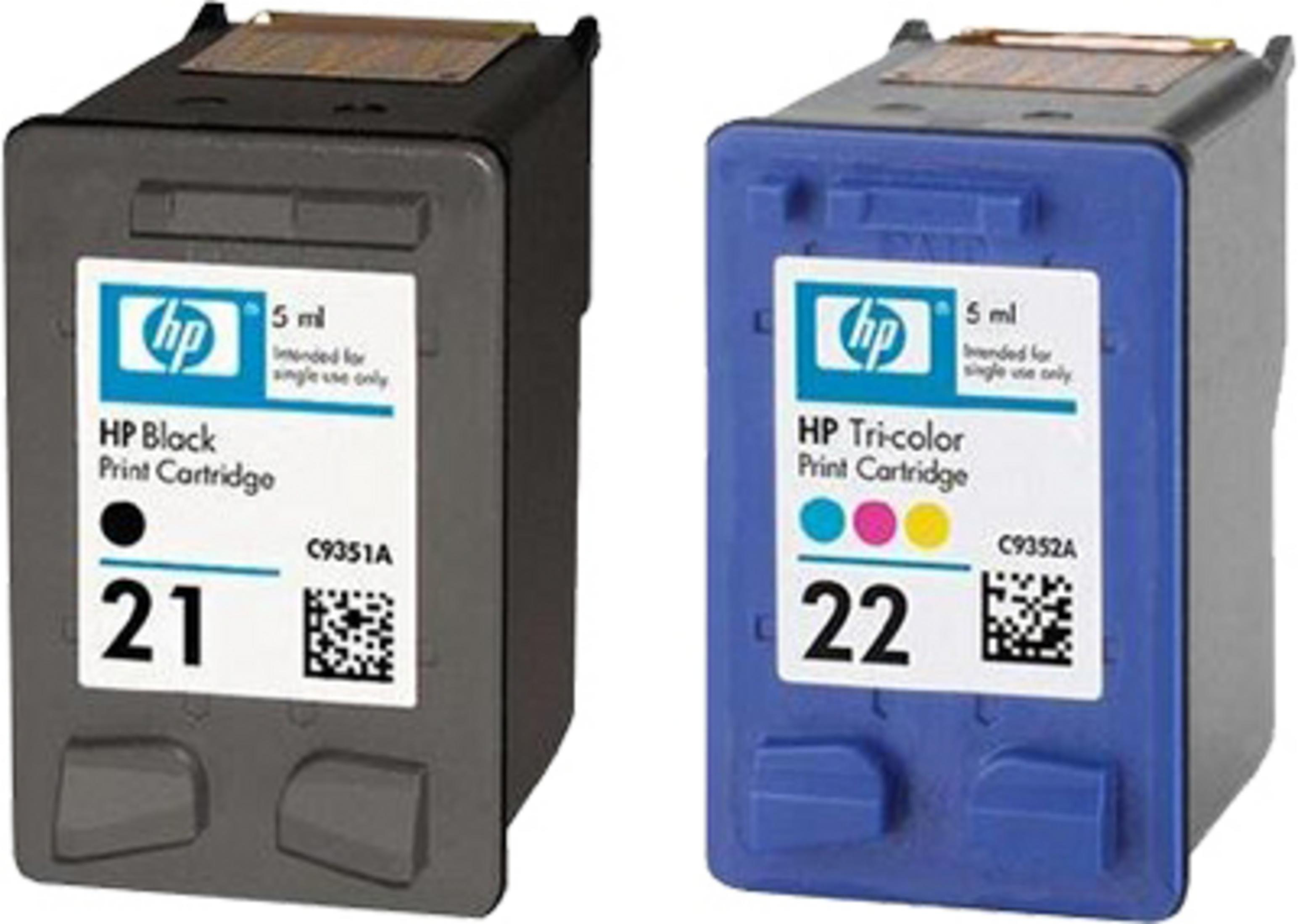Zwei Tintenpatronen: schwarz und dreifarbig, beschriftet mit 'HP', '21' und '22'.