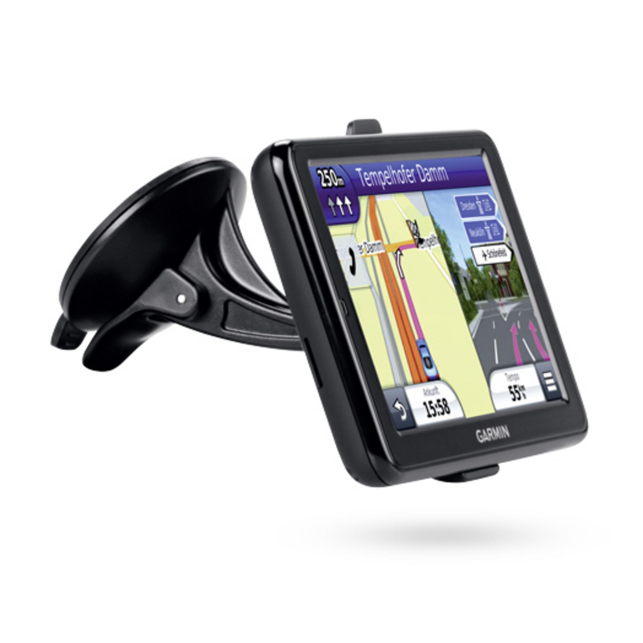 Schwarzes GPS-Gerät mit Kartenanzeige, an der Windschutzscheibe eines Autos befestigt.