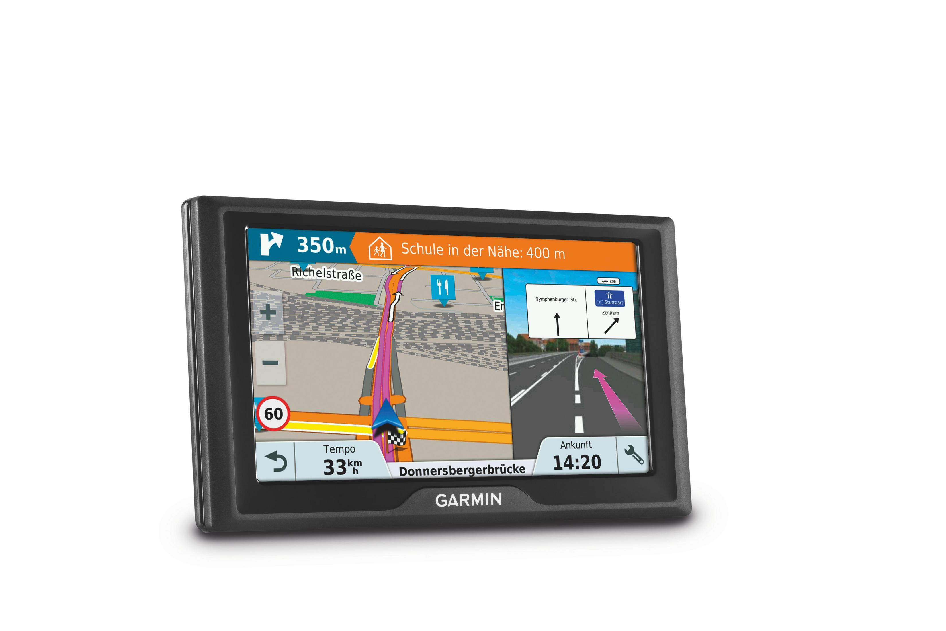 Garmin GPS-Gerät zeigt Routenkarte. Schwarzer Rahmen, weißer Hintergrund.