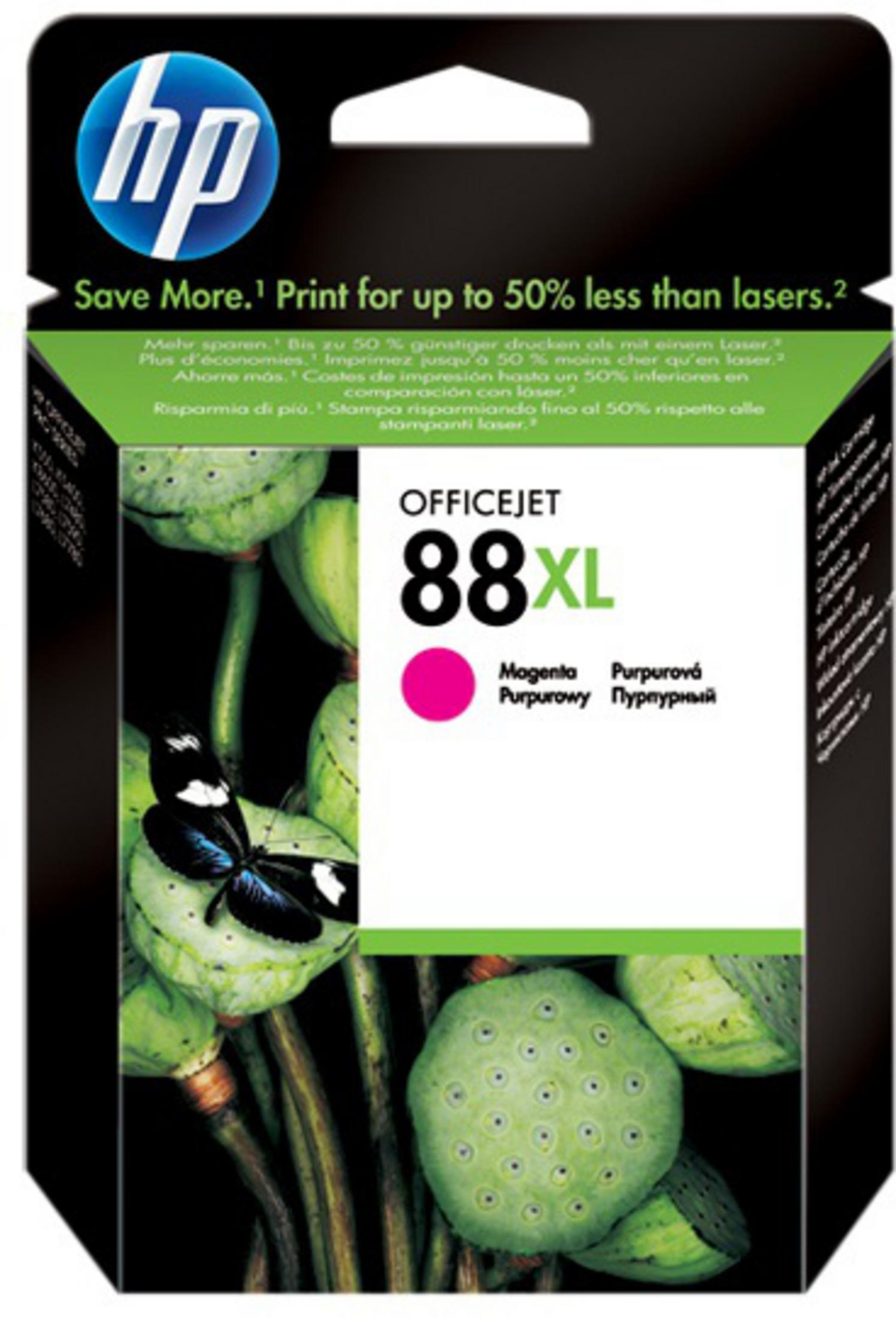 Scatola di cartucce d'inchiostro HP OfficeJet, verde e nera, con una cartuccia magenta visibile e una farfalla.