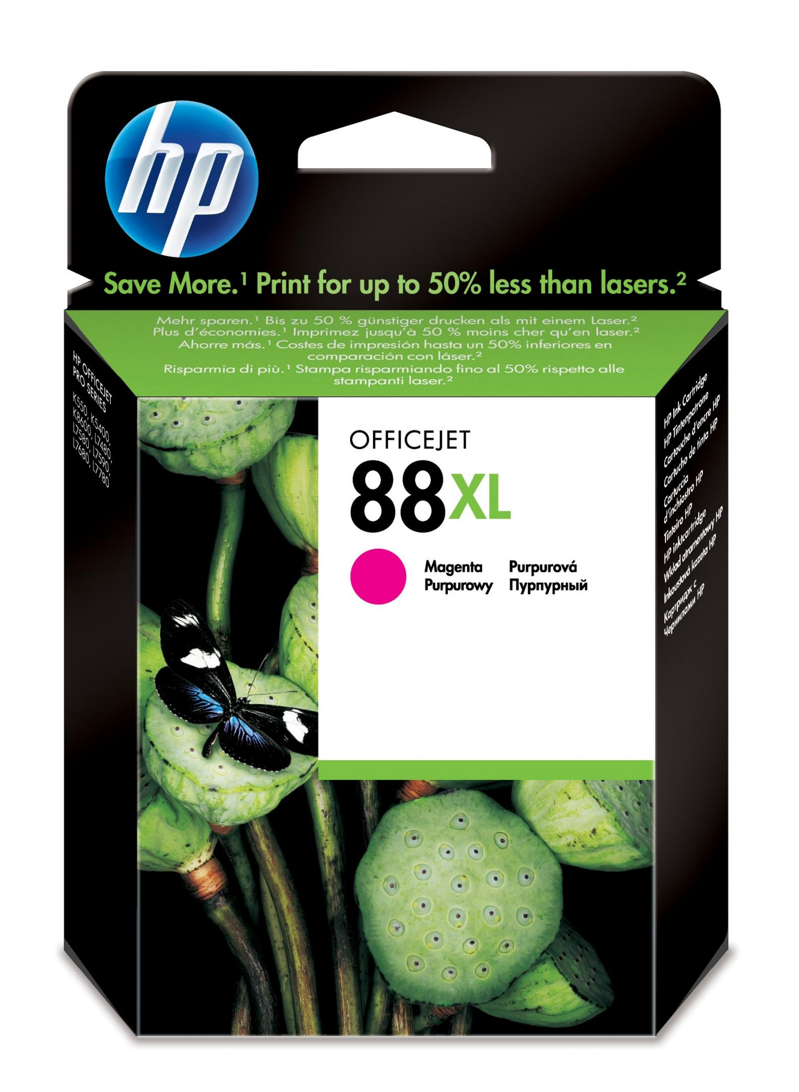 Scatola cartuccia inchiostro magenta HP Officejet 88XL con immagine di farfalla e pianta.