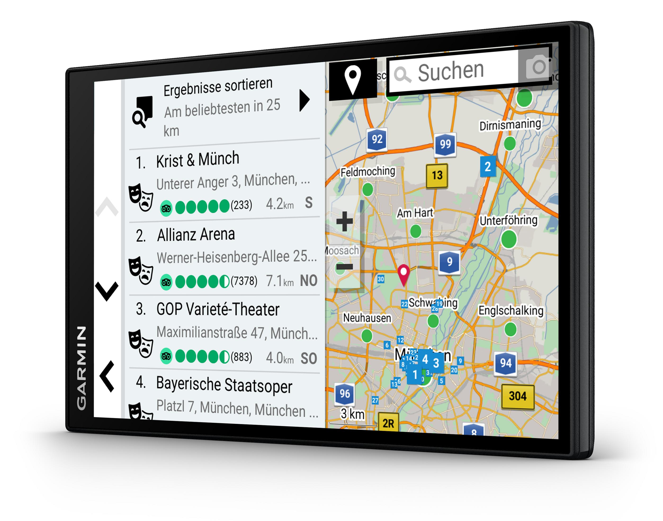 Garmin GPS-Gerät, das eine Karte mit Navigations- und Suchoptionen anzeigt. Das Gerät zeigt eine Karte mit Zielen.