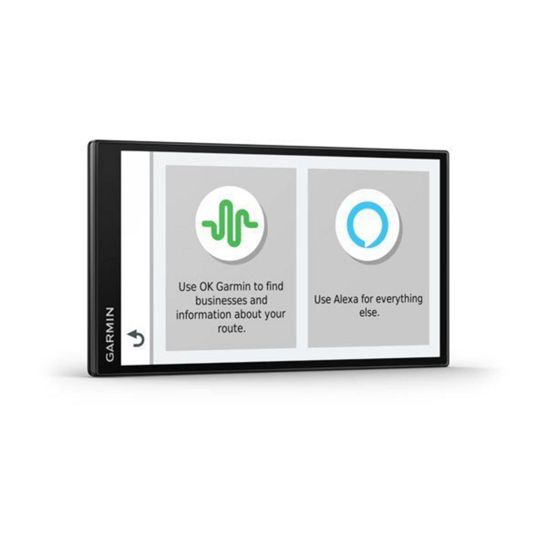 Dispositivo GPS Garmin che mostra due opzioni: Usa OK Garmin o Usa Alexa. Schermo nero.