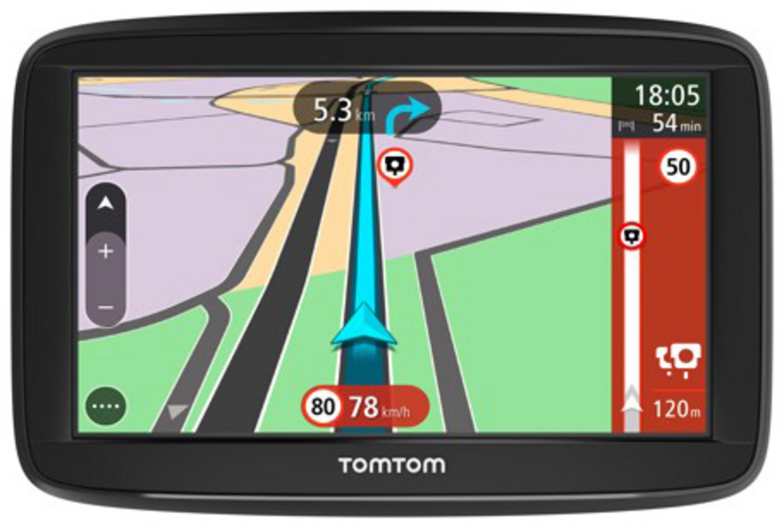 GPS-Gerät zeigt Karte mit Navigationsanweisungen. Geschwindigkeitsbegrenzung: 50 km/h, aktuelle Geschwindigkeit: 78 km/h.
