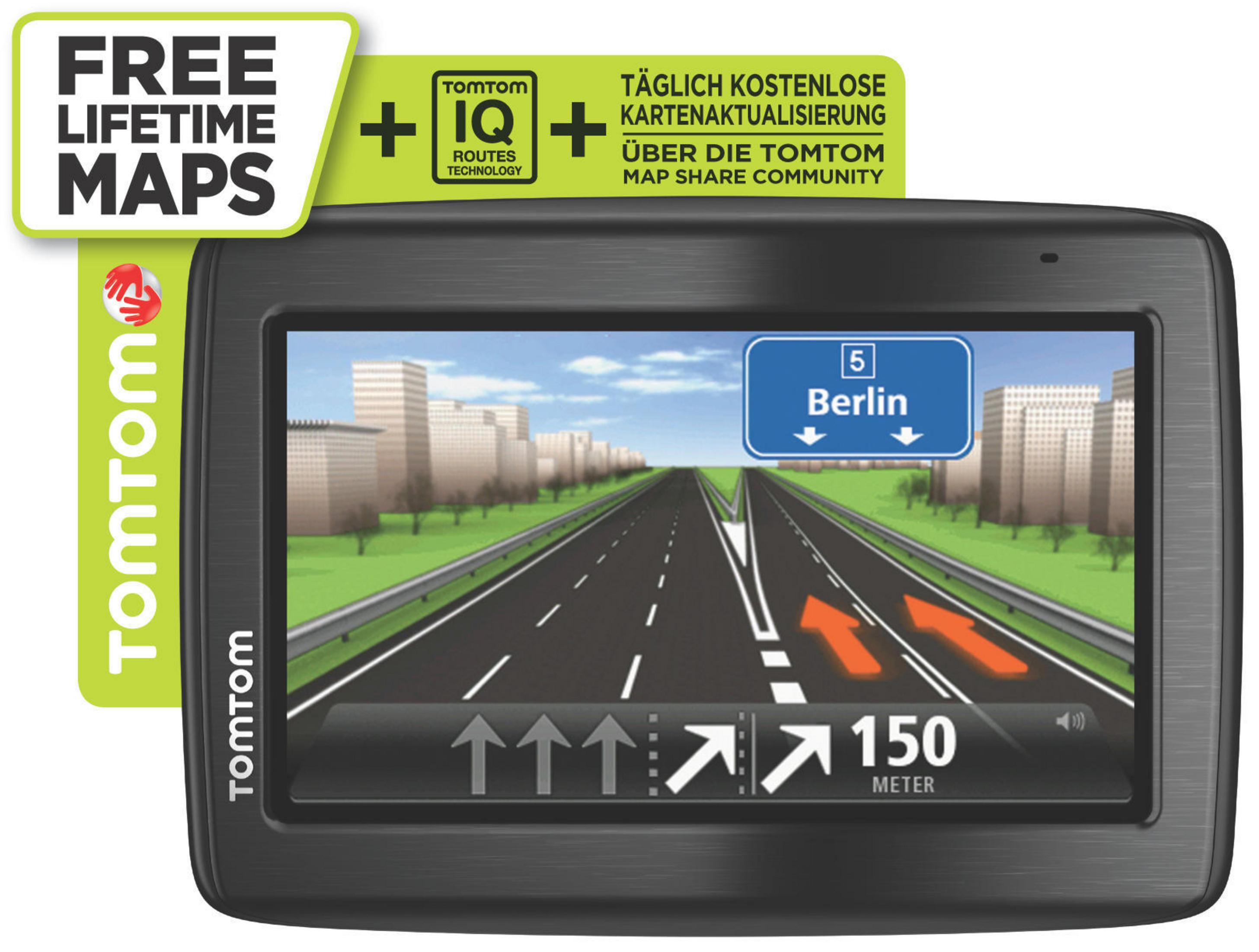 TomTom GPS-Gerät, das eine Autobahnkarte mit einem 'Berlin'-Schild und einem 'Free Lifetime Maps'-Label anzeigt.