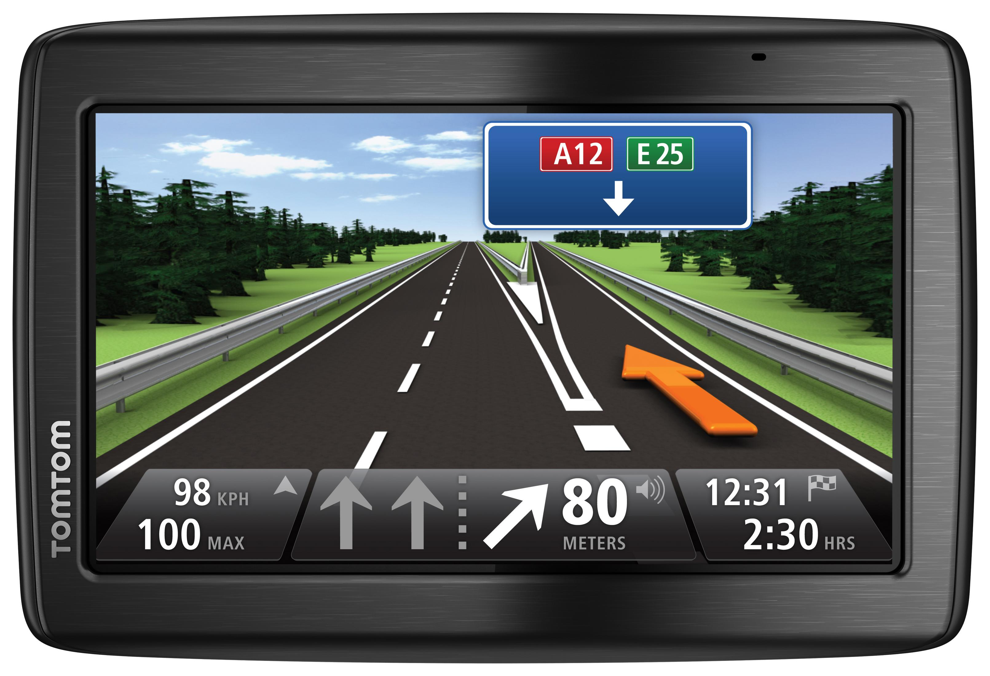 GPS-Gerät mit einer Straßenkarte auf dem Bildschirm. Es zeigt eine Autobahn und Richtungspfeile.