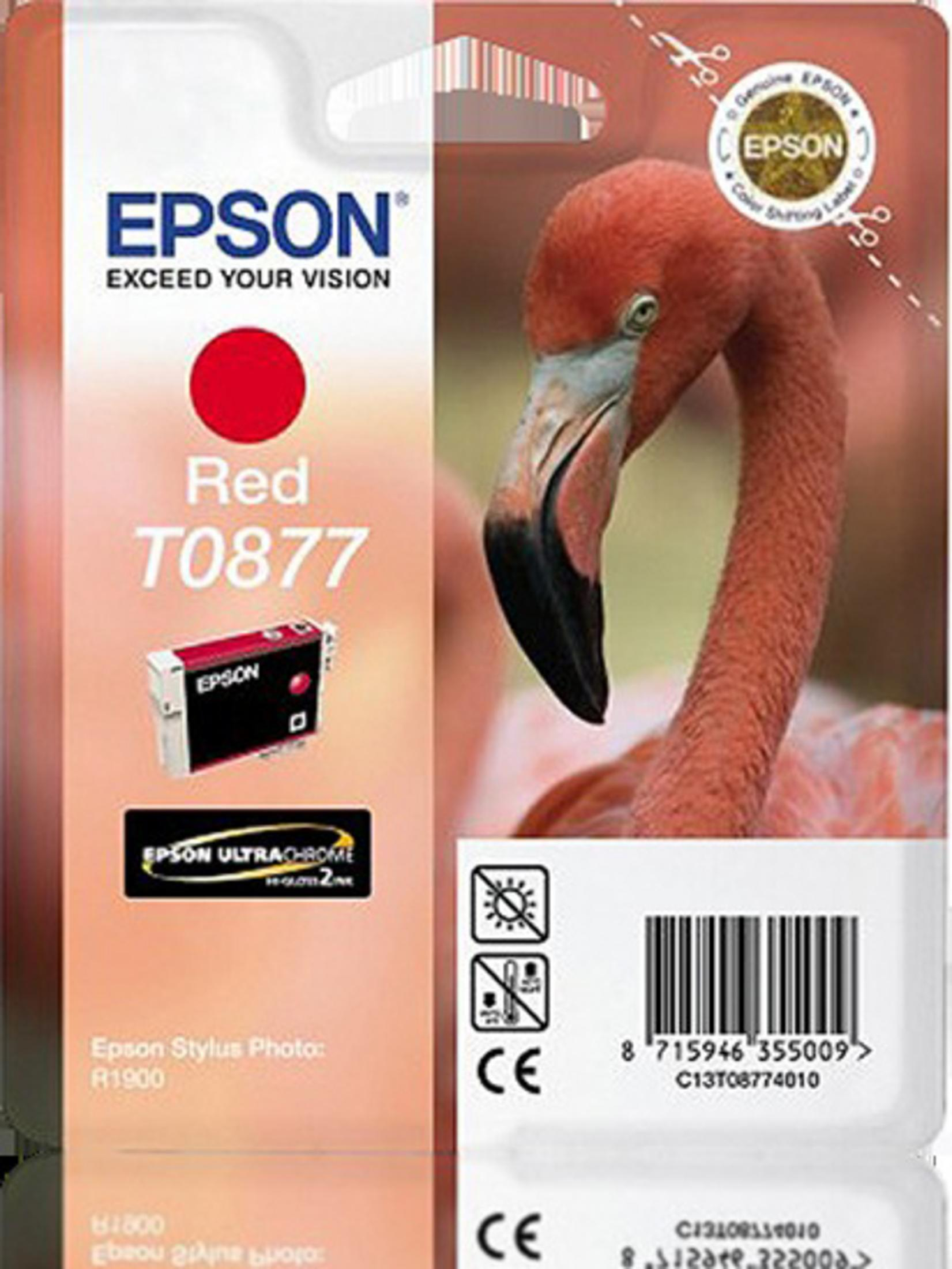 Pudełko z wkładem atramentowym Epson ze zdjęciem flaminga. Flamingo jest różowy z czarnym dziobem.