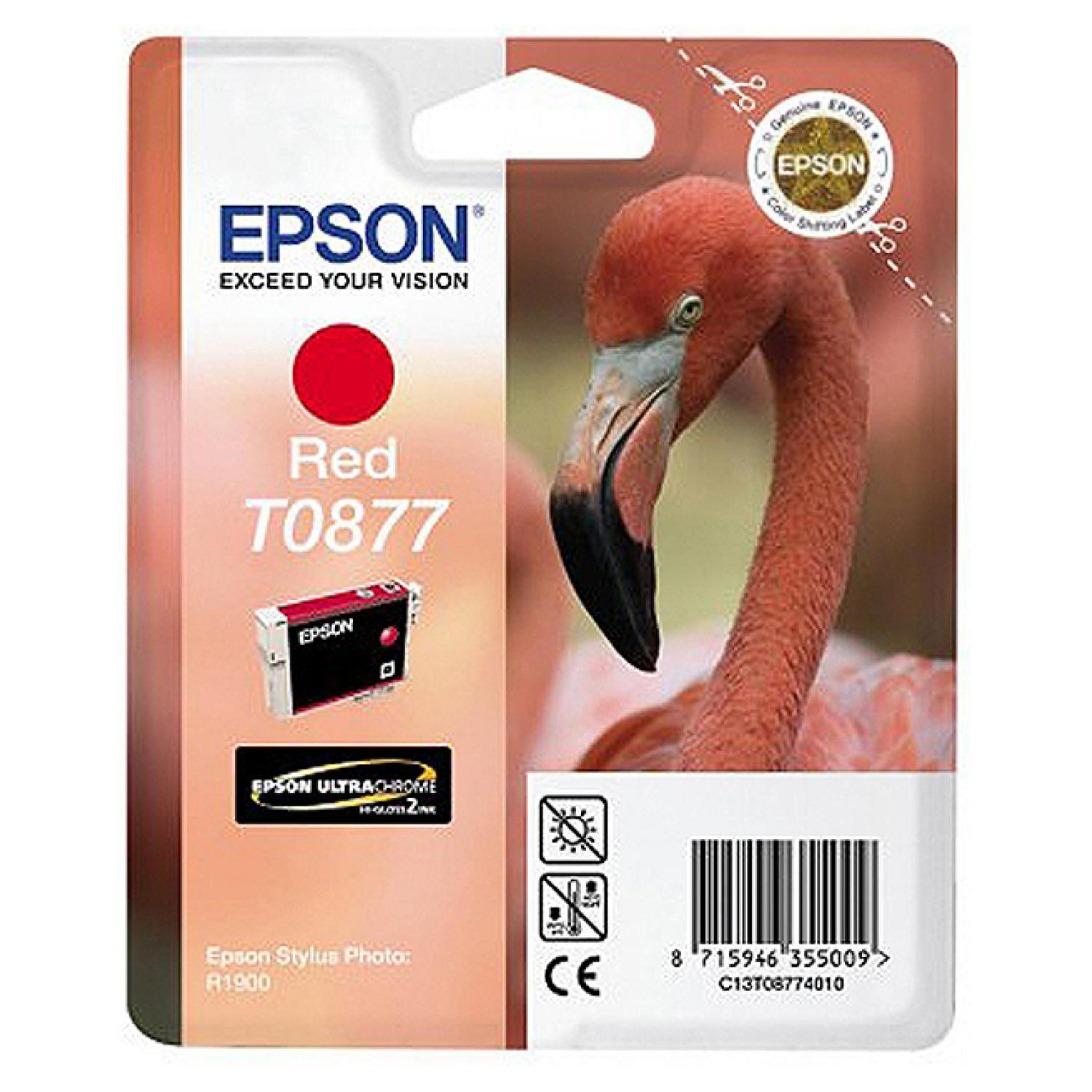 Opakowanie wkładu atramentowego Epson z wizerunkiem flaminga i kolorem czerwonym.