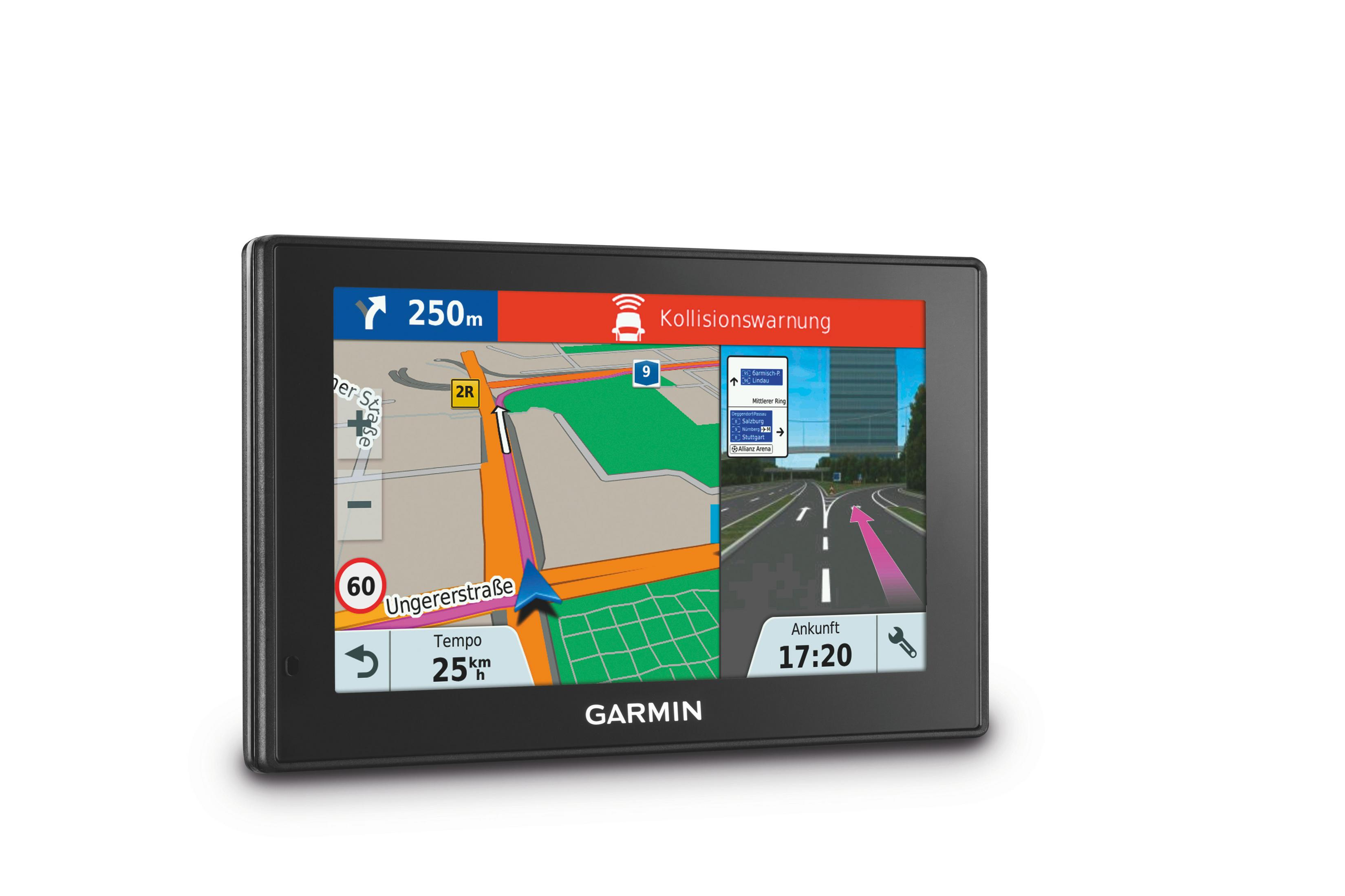 Czarne urządzenie nawigacyjne GPS Garmin wyświetlające mapę z trasą i czasem.