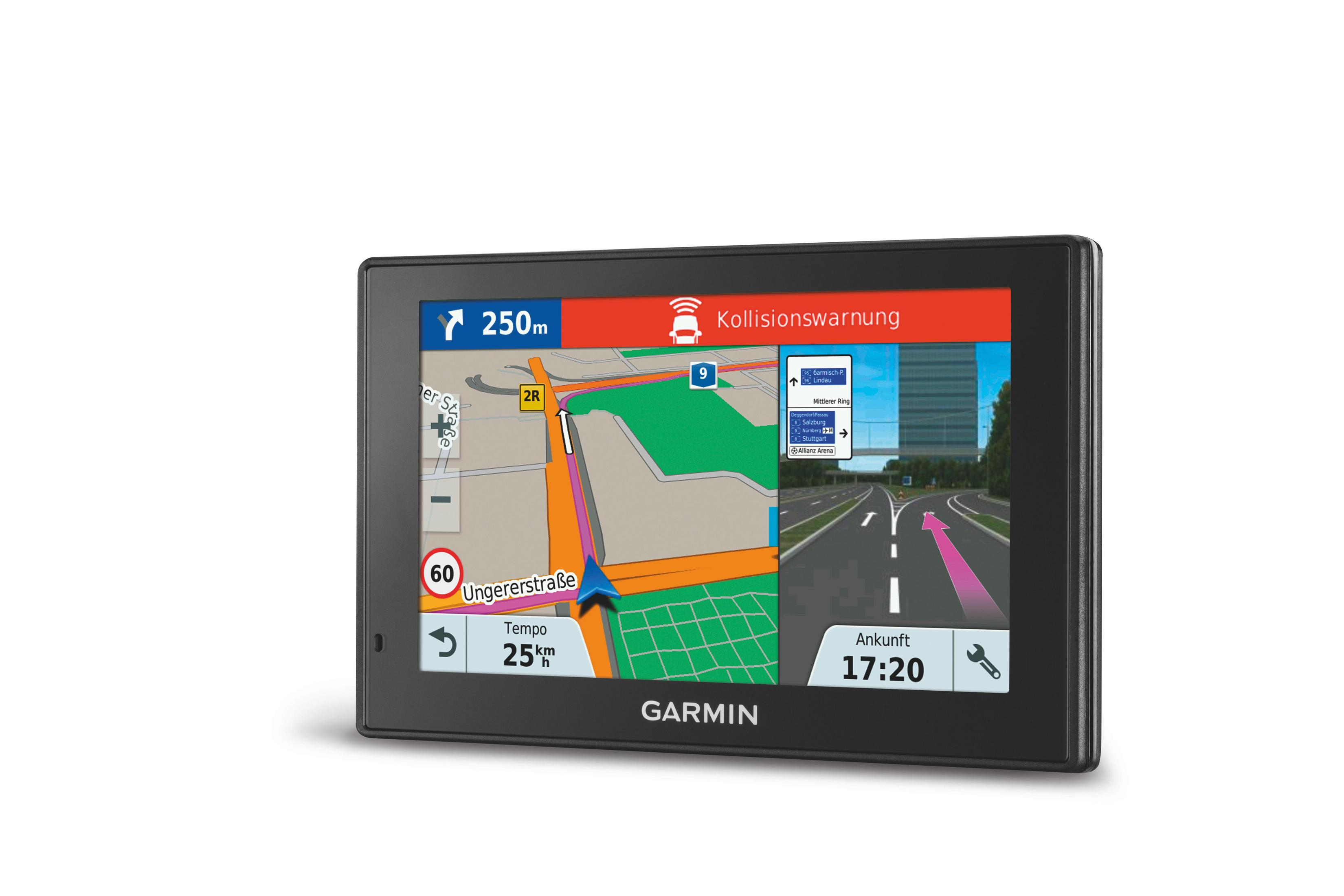 Urządzenie GPS Garmin wyświetlające mapę i informacje o trasie na białym tle.