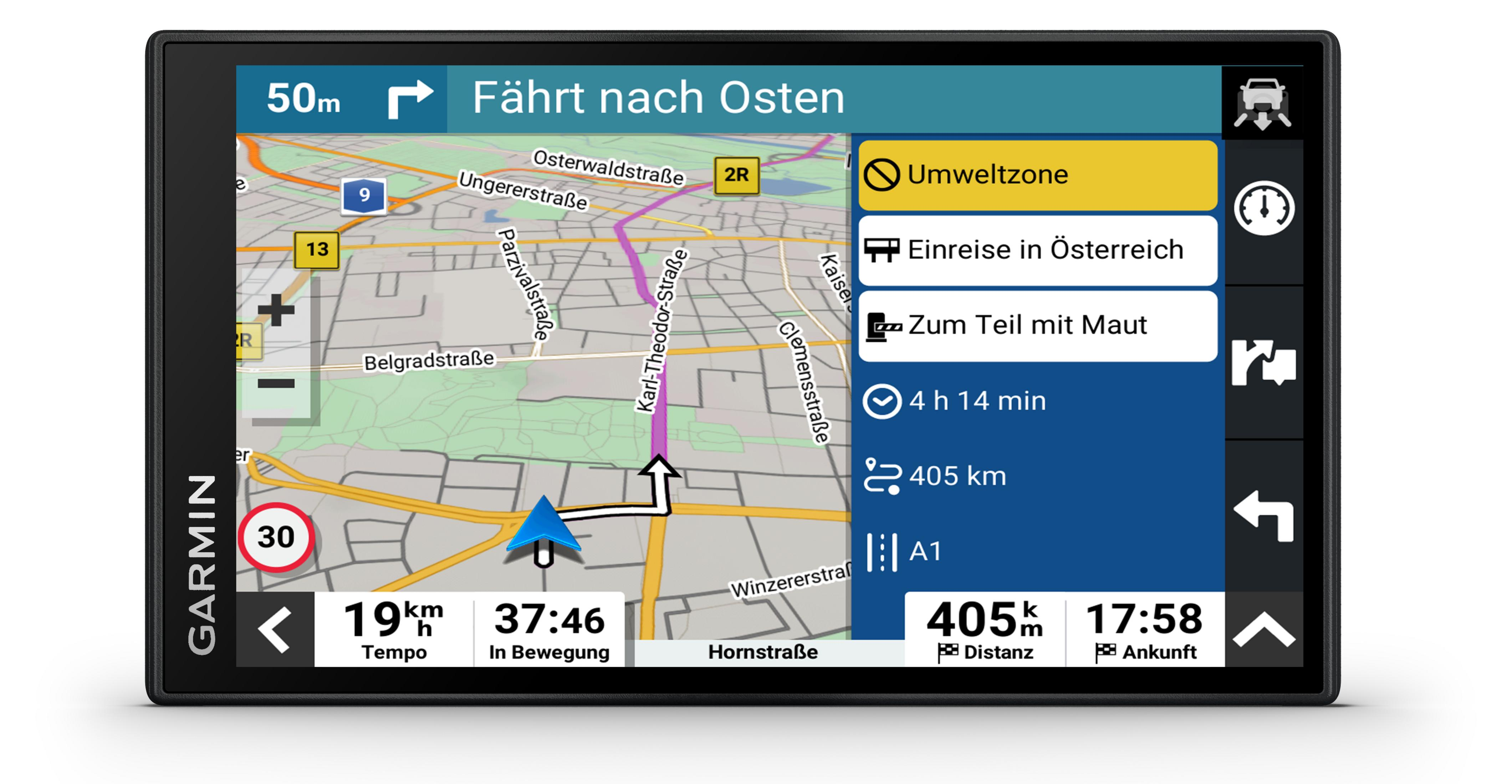 GPS-Navigationsbildschirm mit Karte und Routendetails.