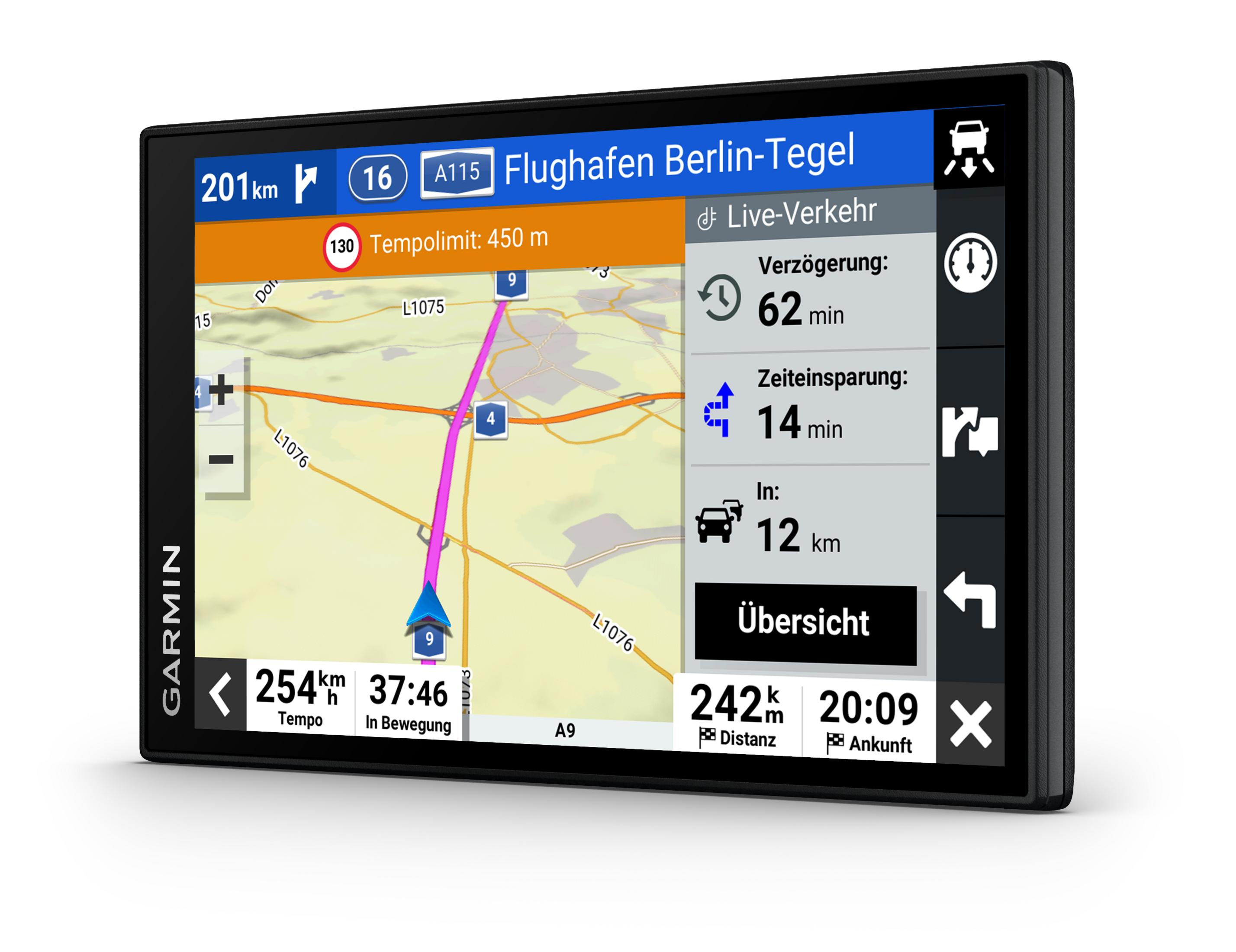 GPS-Navigationsgerät, das eine Karte zeigt. Schwarzer Rahmen und Display. Verschiedene Daten.
