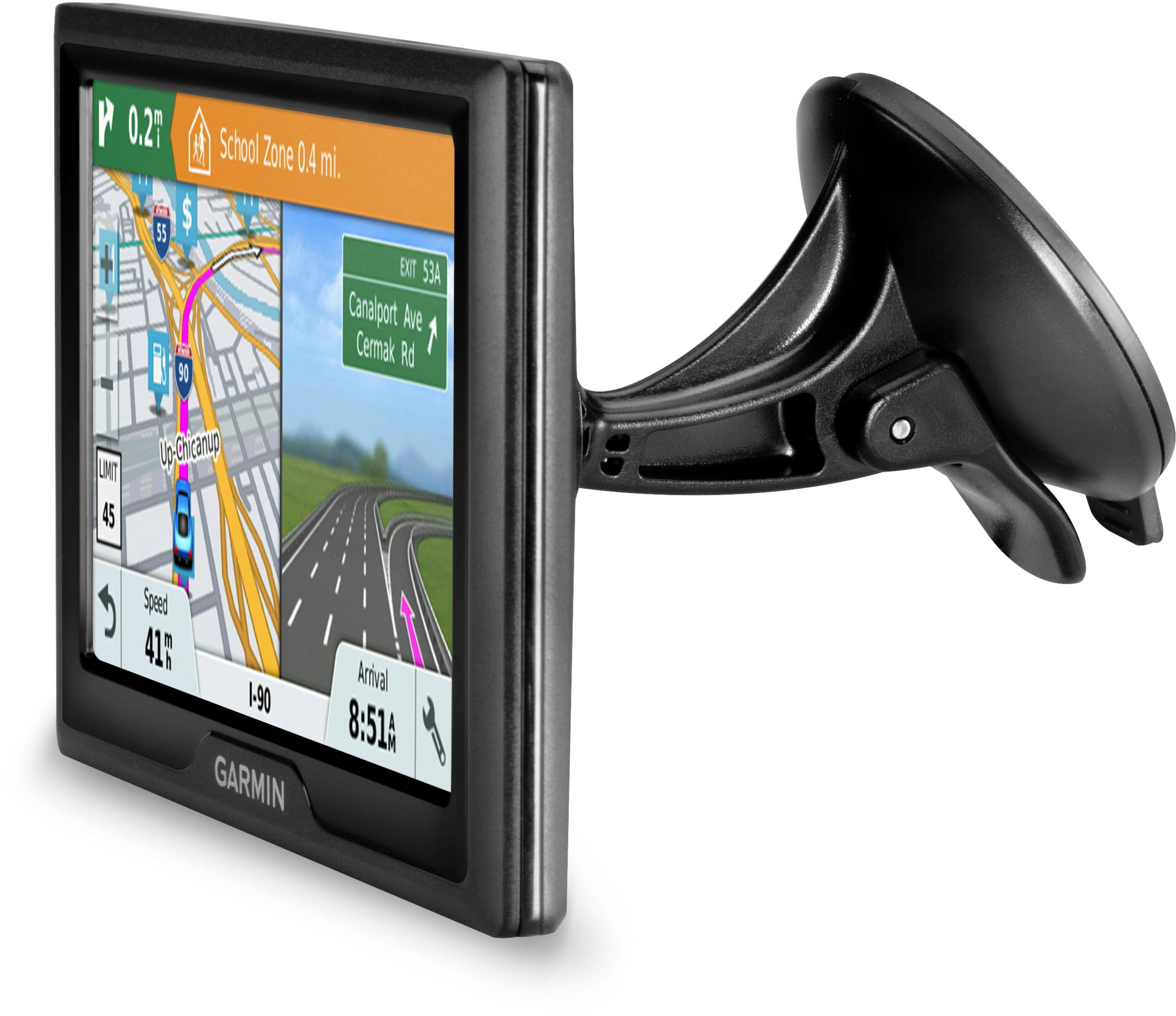 Dispositivo GPS Garmin su supporto per parabrezza. Mostra mappa e info guida.