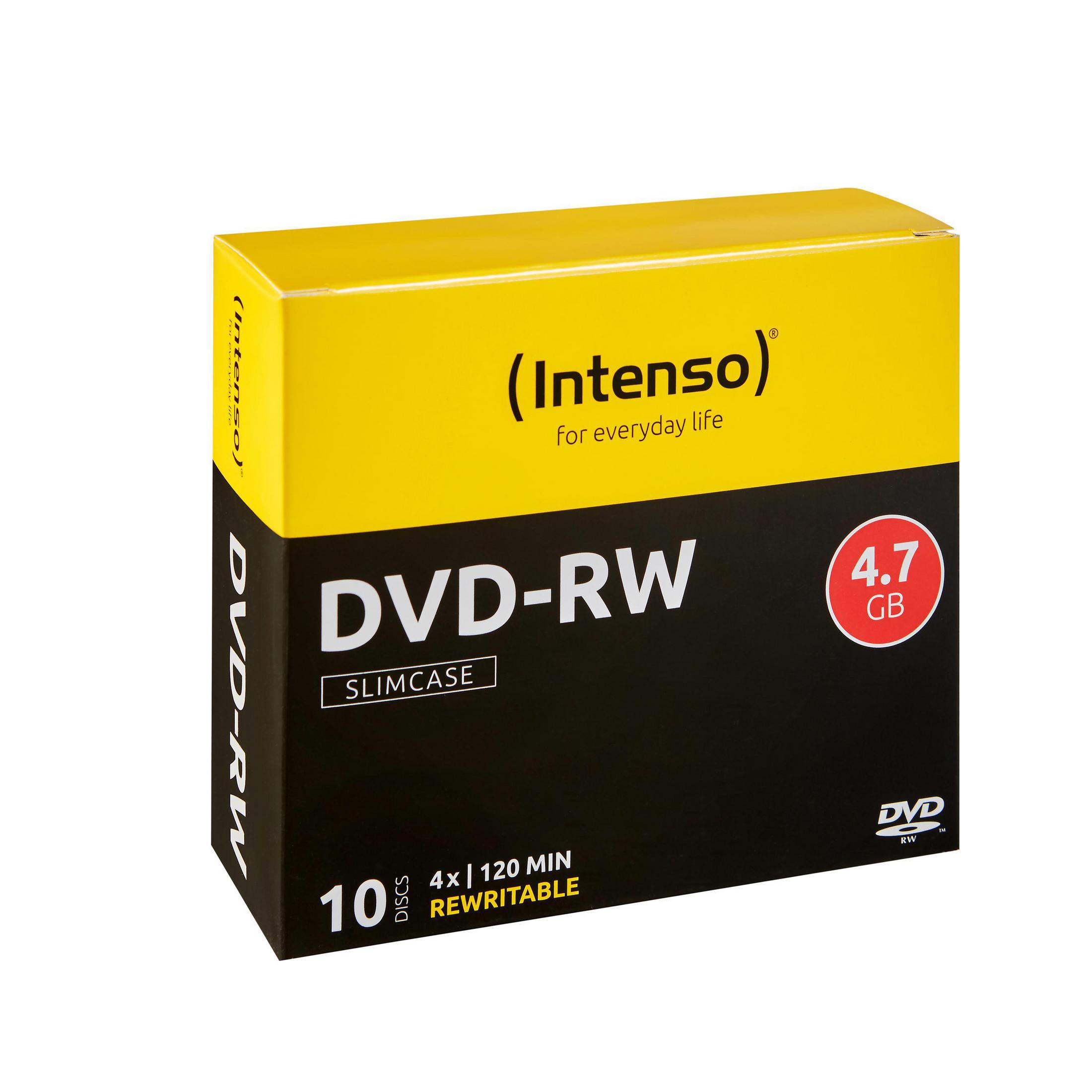 Caja DVD-RW amarilla y negra con texto, con etiqueta de capacidad de 4,7 GB.