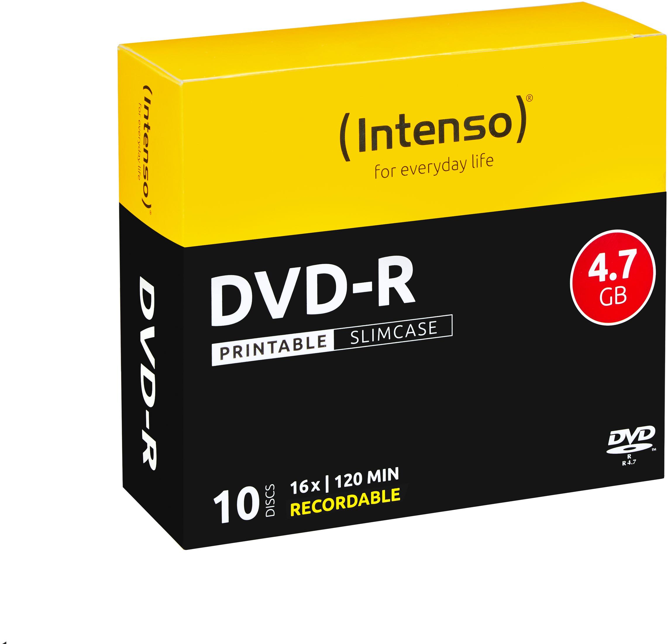 Pudełko na dyski DVD-R. Żółto-czarne pudełko. Tekst zawiera DVD-R, 10 dysków i 4,7 GB. Białe tło.
