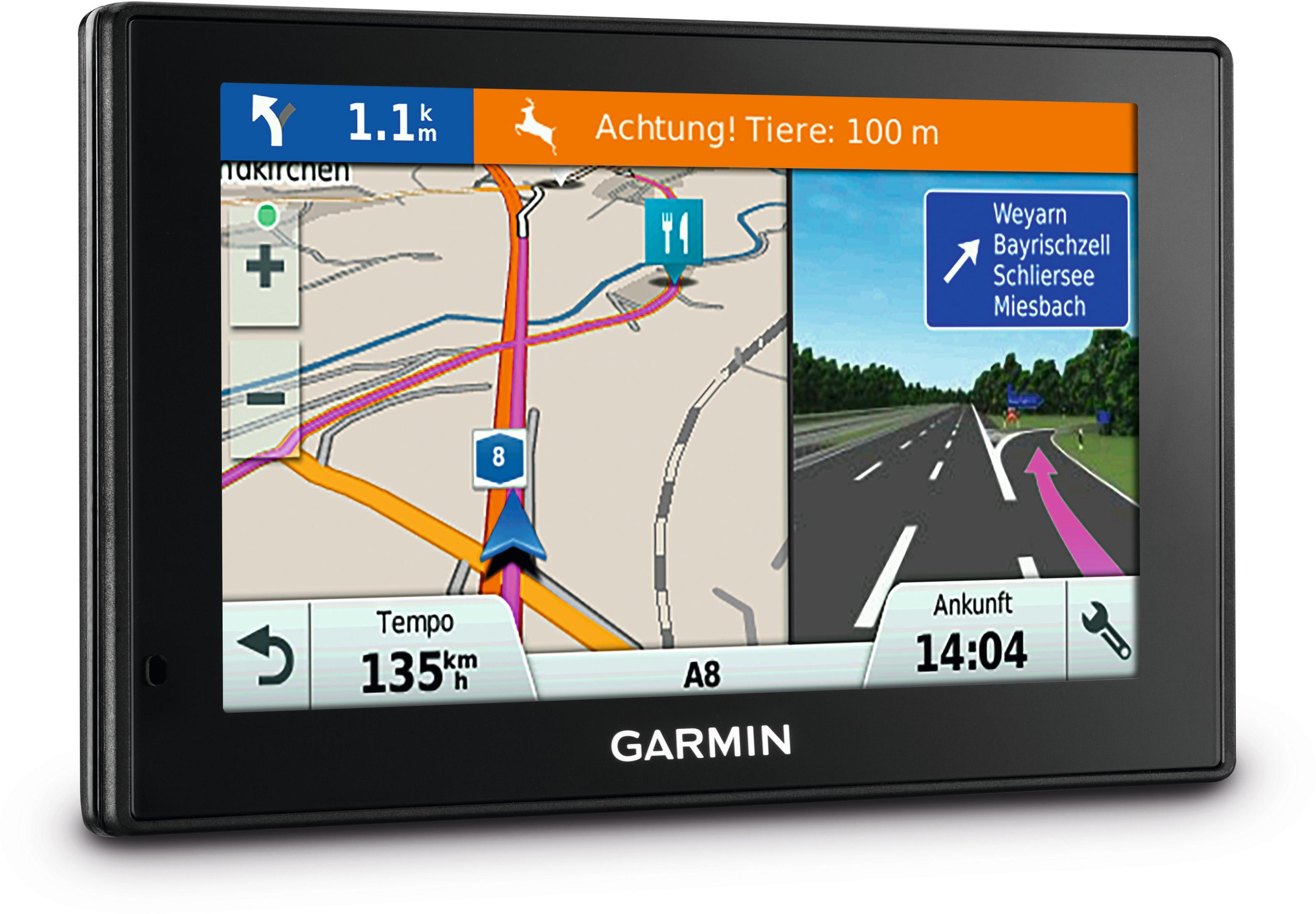 Garmin GPS-Navigationsgerät. Zeigt Karte mit Straße und Richtungen an und zeigt Geschwindigkeit und Ankunftszeit.