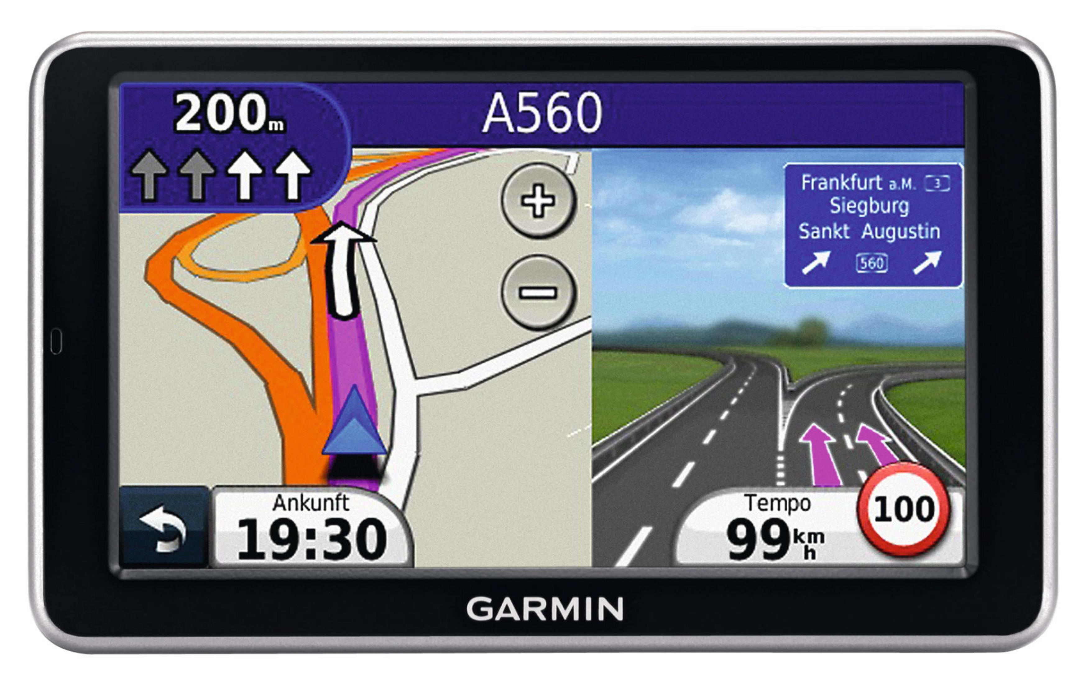 Ein Garmin GPS-Gerät-Bildschirm, der eine Karte mit Navigationsanweisungen und einem Geschwindigkeitsbegrenzungsschild zeigt.