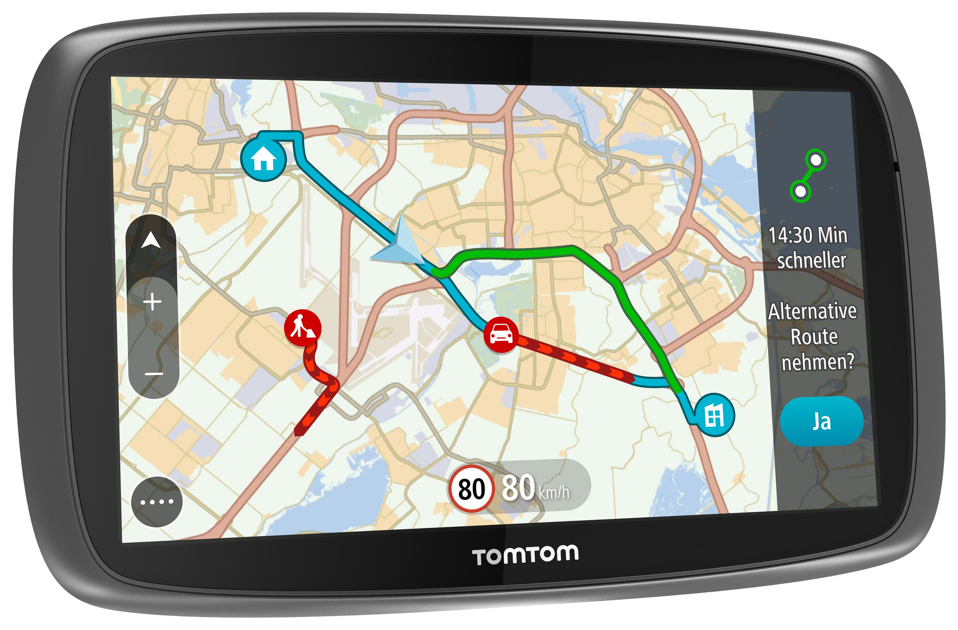 TomTom GPS-Gerät, das eine Karte mit Routenführung anzeigt. Grauer Rahmen. Weißer Hintergrund.