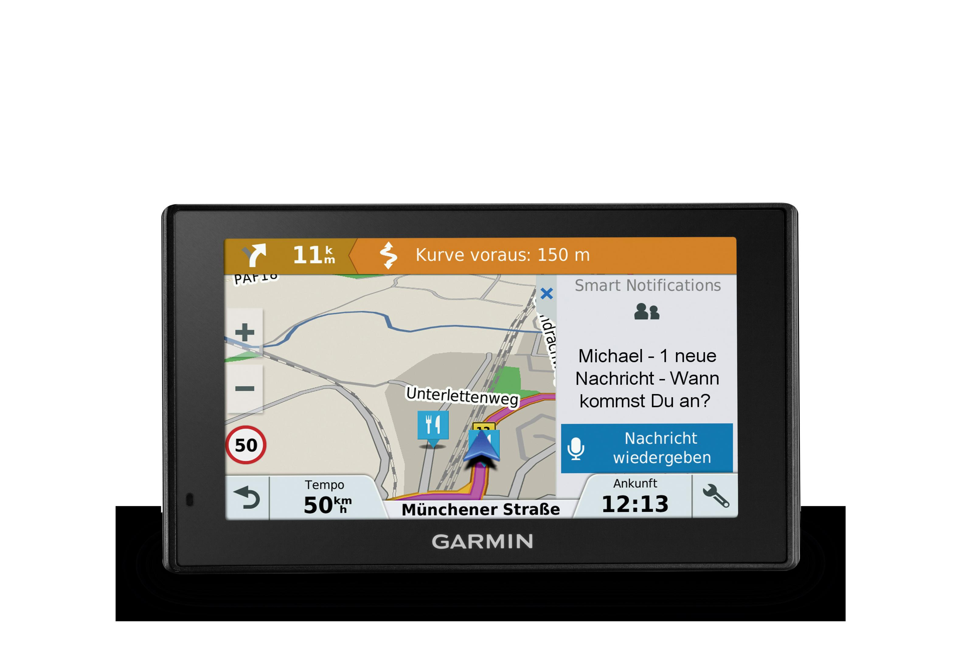 GPS-Gerät mit Karte, Route und Benachrichtigung. Weißer Hintergrund.