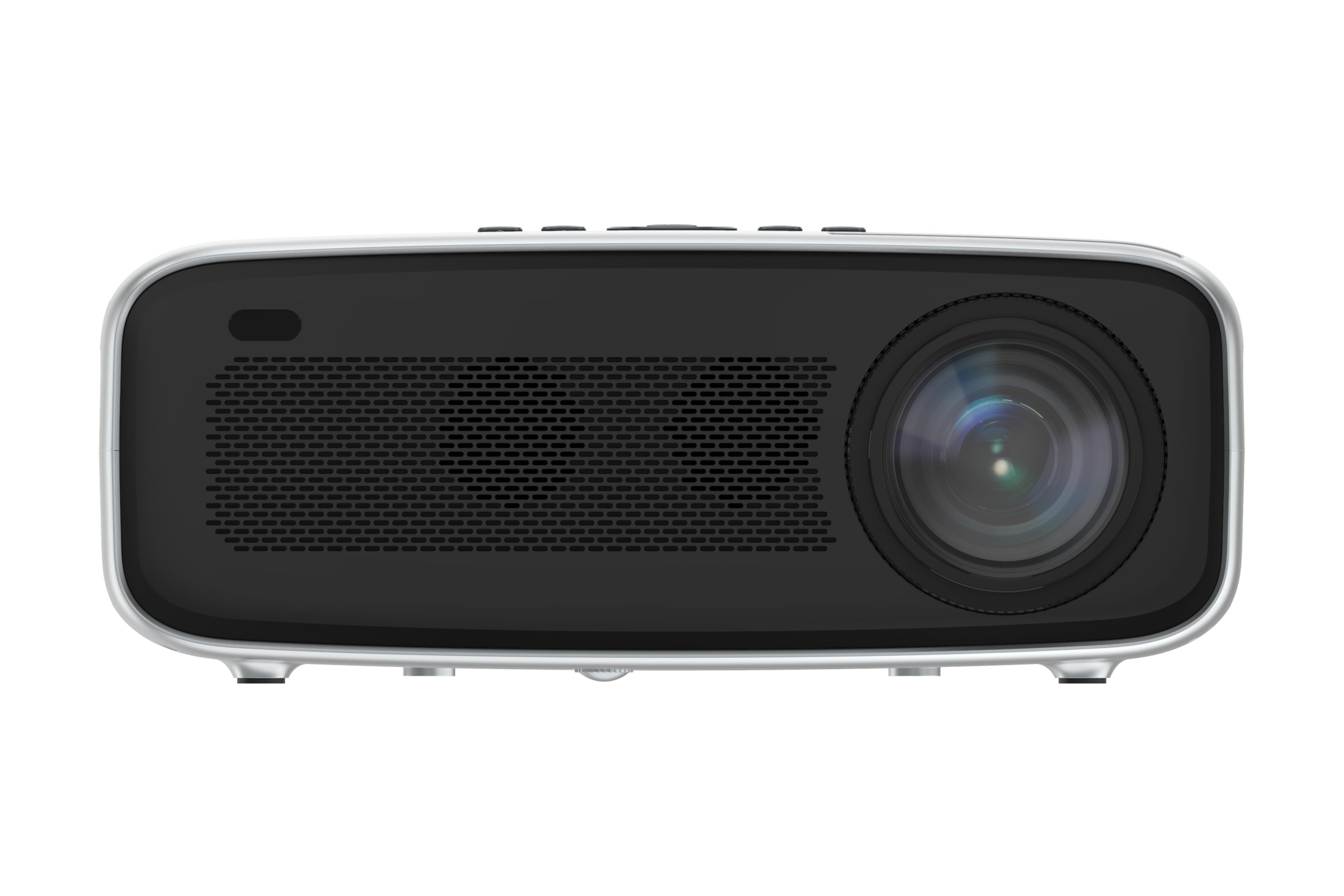 Un proyector negro con marco plateado, lente y botones de control sobre fondo blanco.