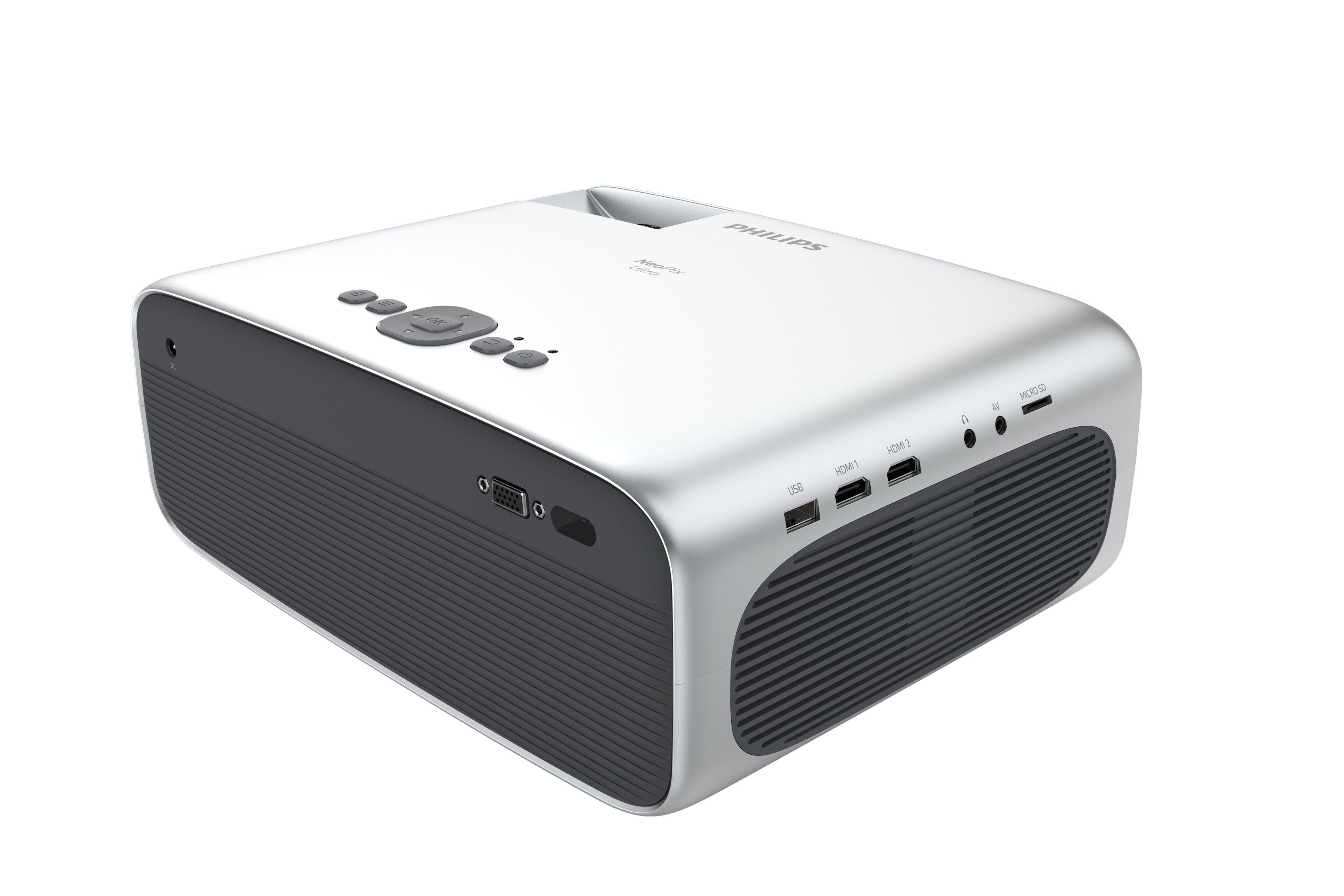 Un proyector Philips blanco y gris. Tiene múltiples puertos y botones en el lateral y la parte trasera.