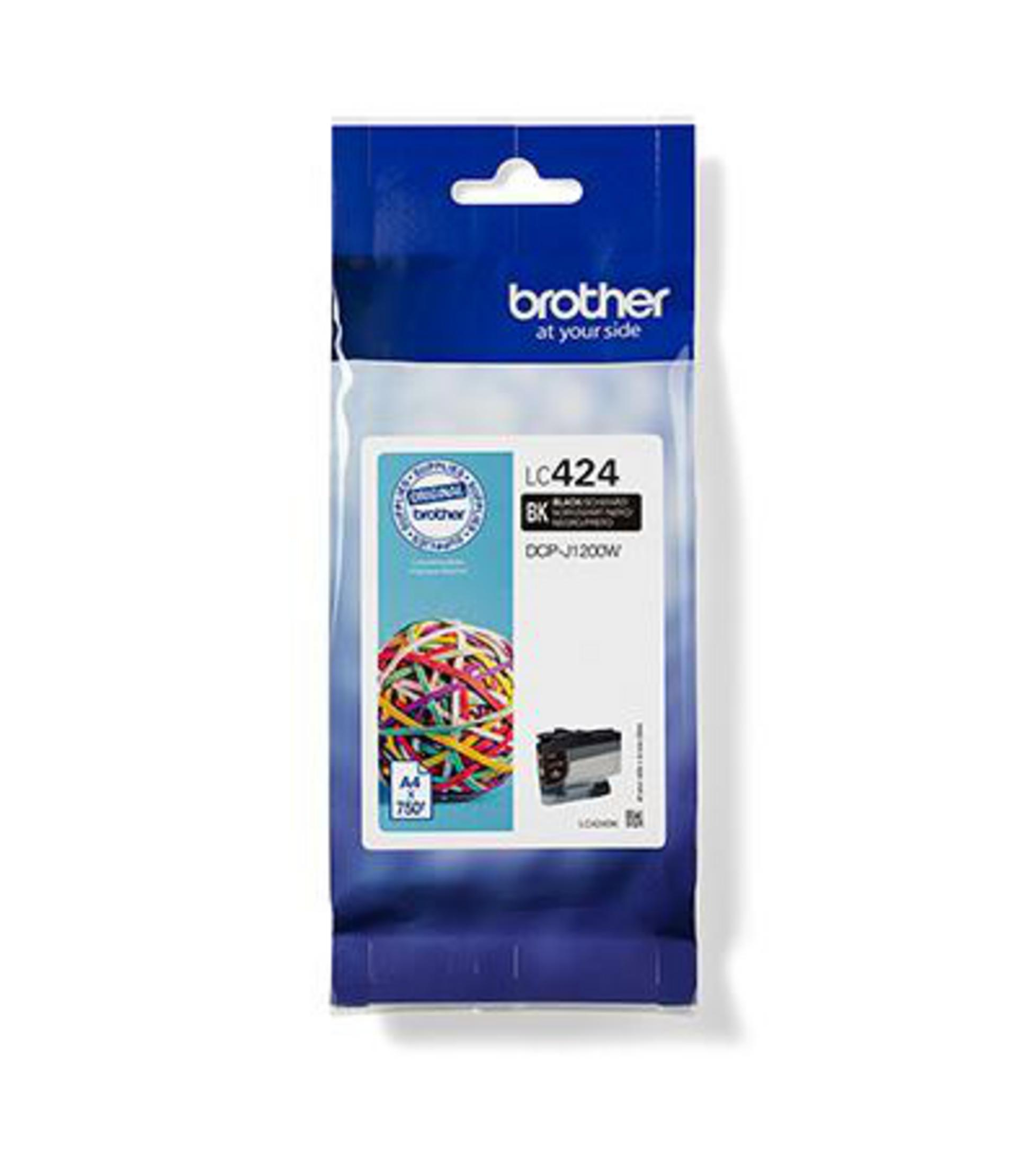 Opakowanie wkładu atramentowego Brother. Tekst na opakowaniu brzmi 'LC424 BK' i 'DCP-J1200W'.