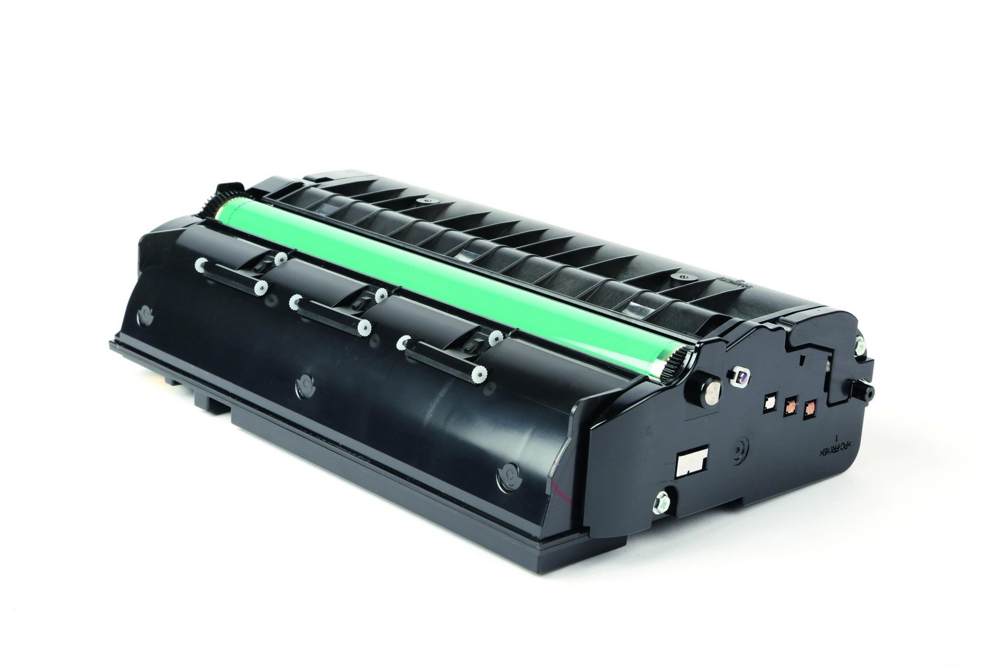 Czarny i zielony wkład z tonerem, cylindryczny, na białym tle.